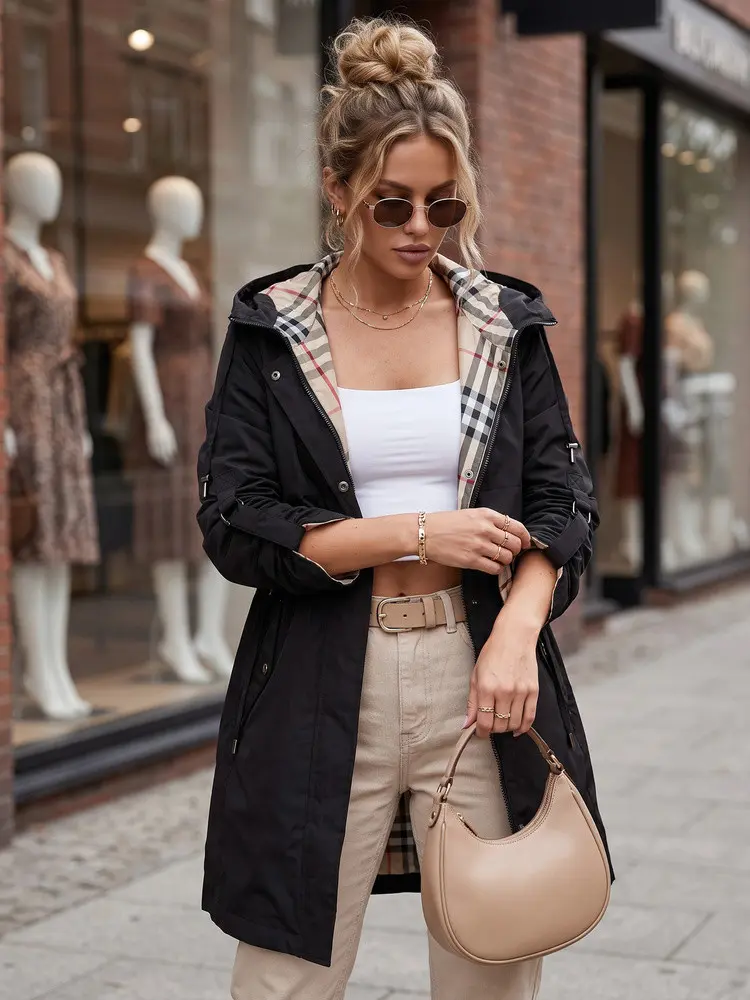 Dámská přechodová bunda typu parka s kapucí, černá, FashionStreet TY5833