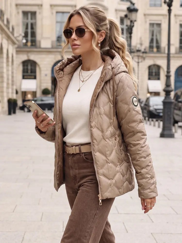 Dámská prošívaná přechodová bunda s kapucí, béžová, FashionStreet TY5882