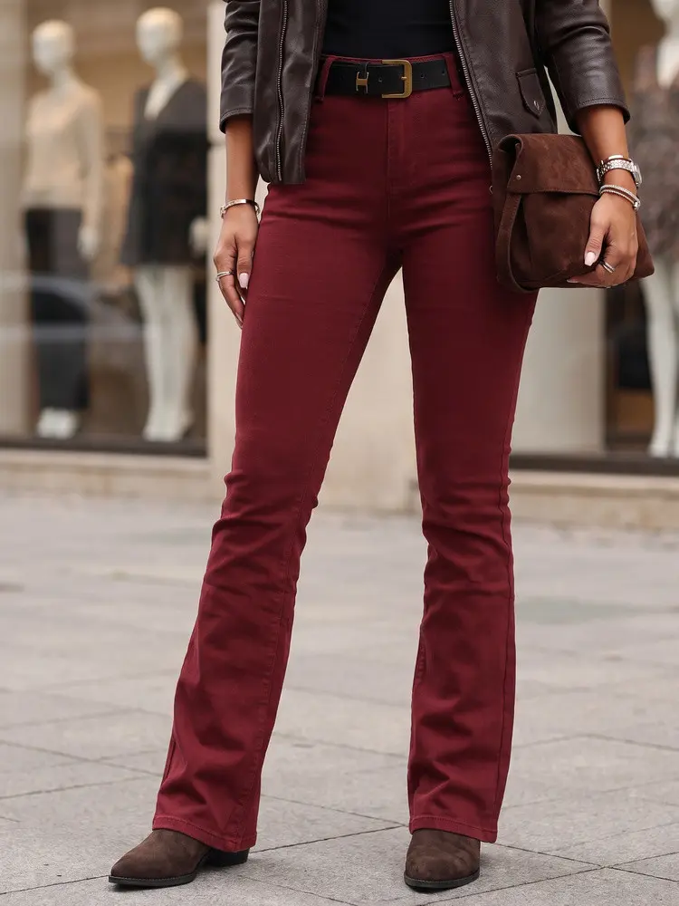 Dámské džíny s rozšiřujícími se nohavicemi, s páskem a vysokým pasem, vínové, FashionStreet UY3111