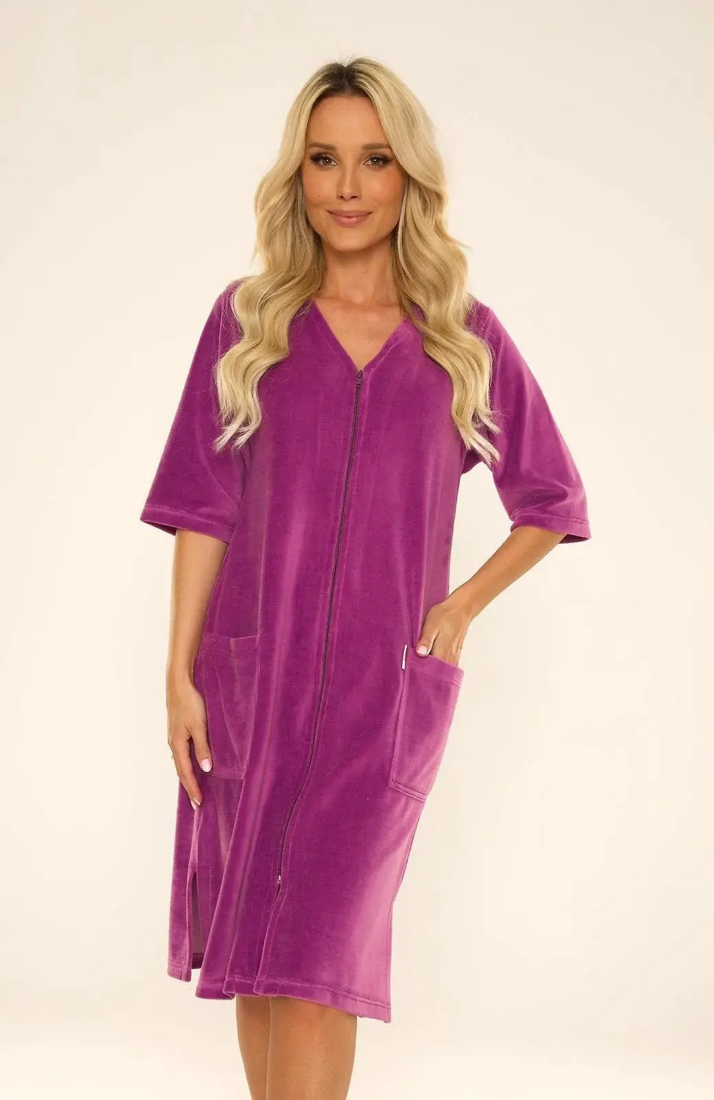 Dámský župan se zipem De Lafense 431 Velur M-4XL Berry XXL