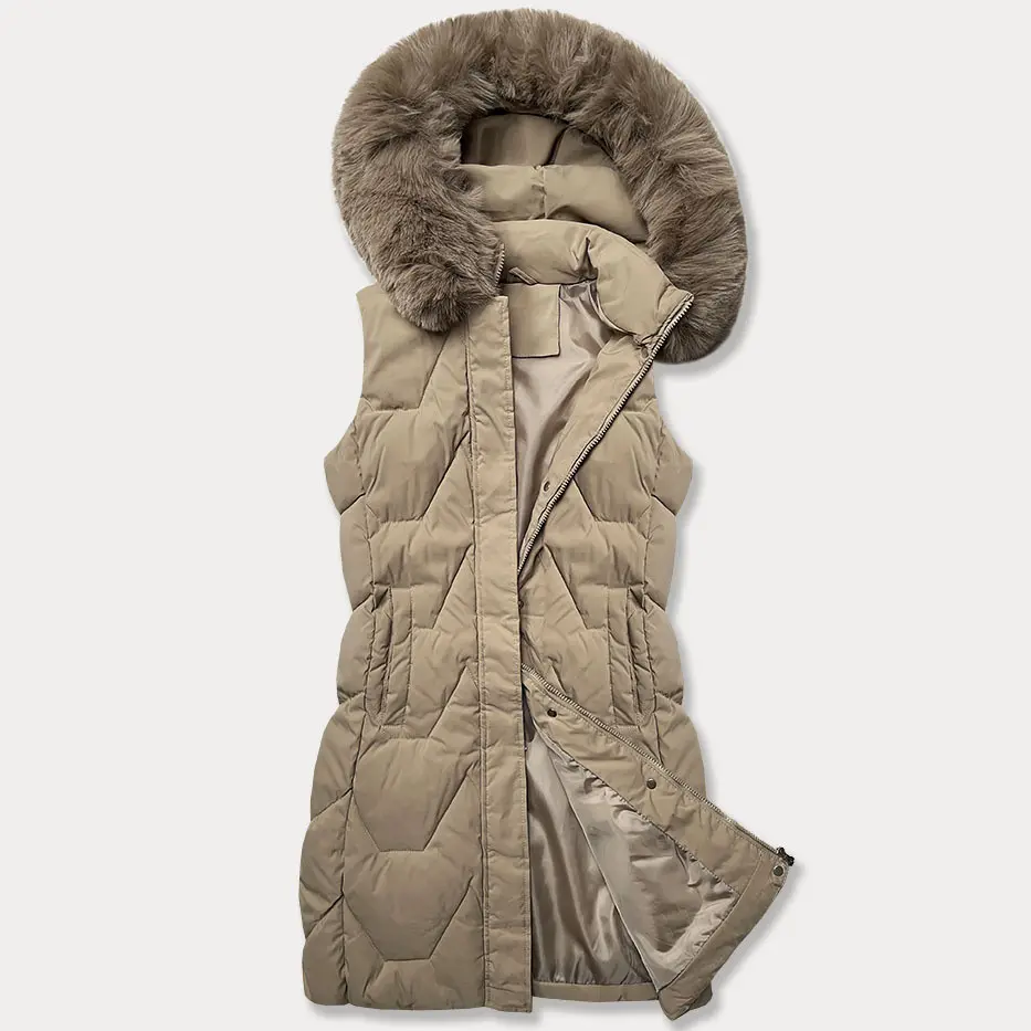 Dámská bunda bez rukávů s kožešinou na kapuci J Style béžová (16M9172-62) odstíny béžové