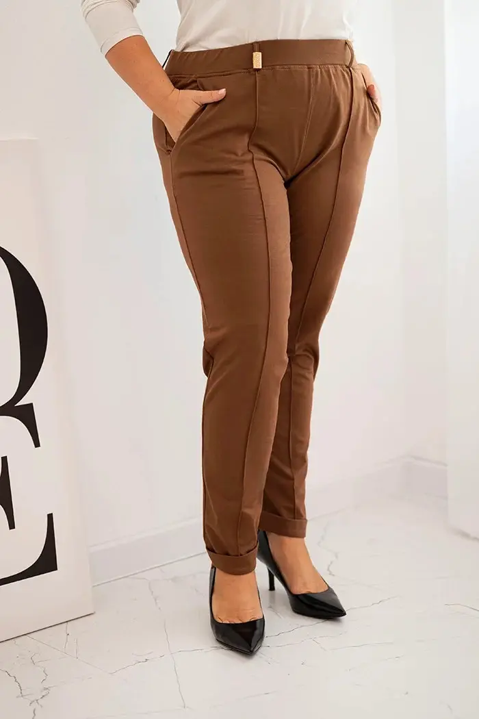 Dámské bavlněné kalhoty Plus Size s elastickým pasem camelové 8XL