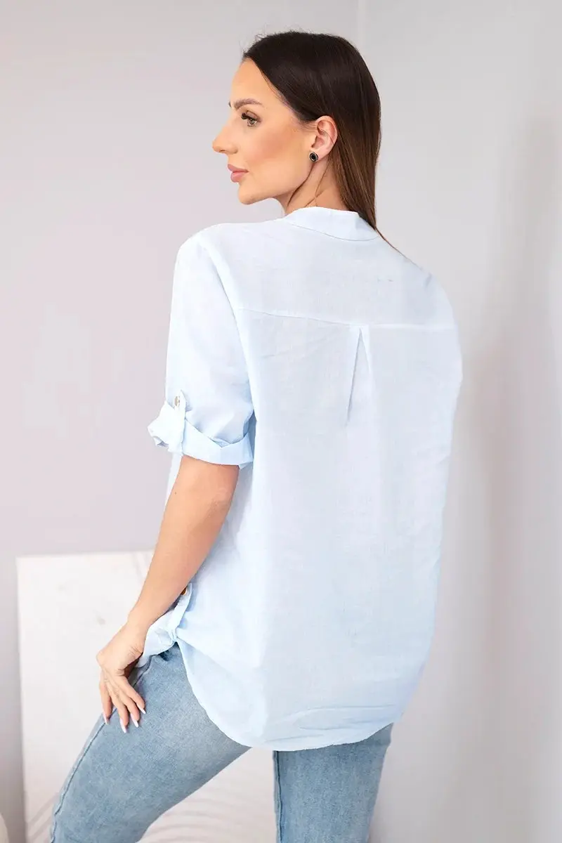 Dámská košilová bavlněná halenka s krátkým rukávem a model 22180787 modrá - K-Fashion Velikost: UNI