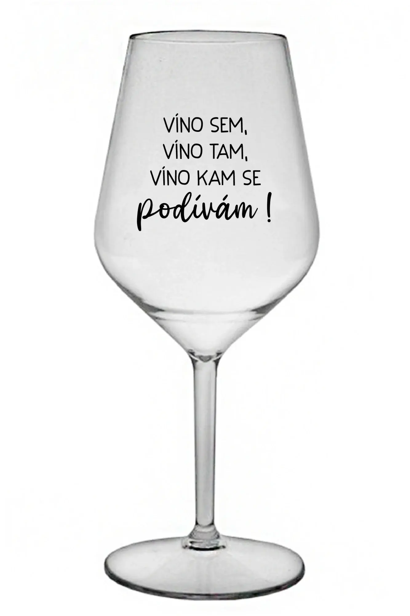 VÍNO SEM, VÍNO TAM, VÍNO KAM SE PODÍVÁM! - čirá nerozbitná sklenice na víno 470 ml