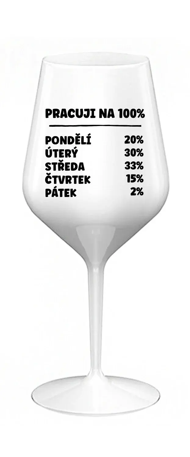 PRACUJI NA 100% - bílá nerozbitná sklenice na víno 470 ml