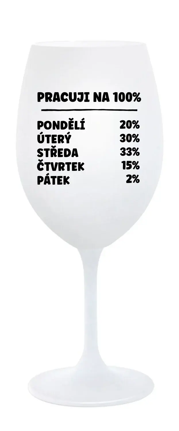 PRACUJI NA 100% - bílá  sklenice na víno 350 ml