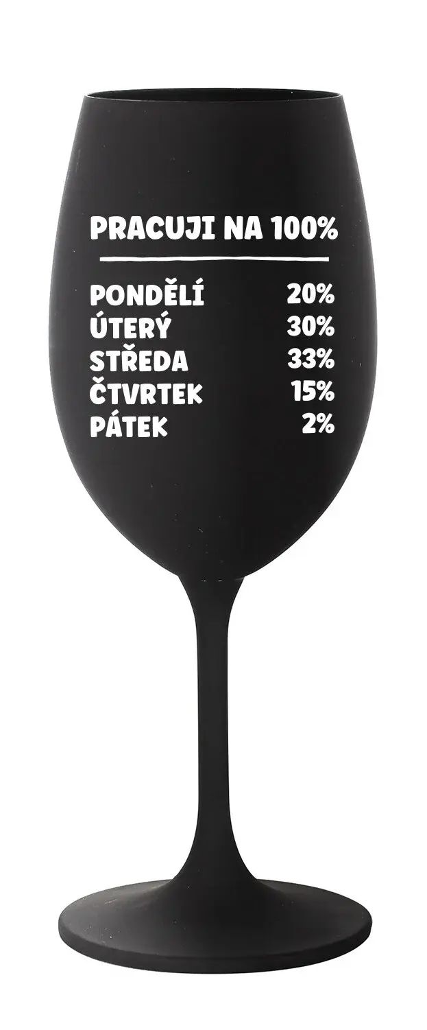 PRACUJI NA 100% - černá sklenice na víno 350 ml