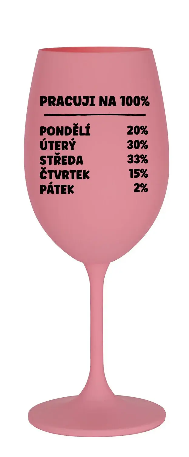PRACUJI NA 100% - růžová sklenice na víno 350 ml