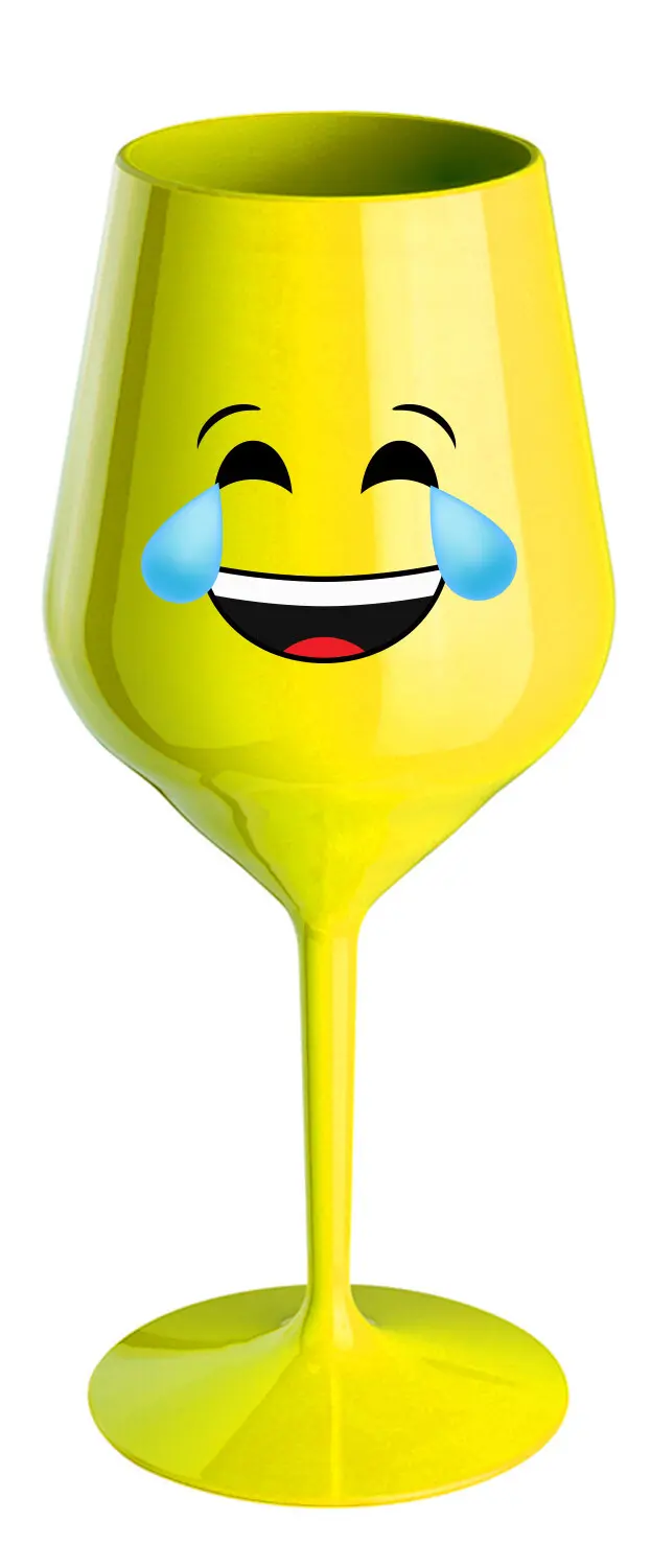SMAJLÍK PLAČÍCÍ SMÍCHY - žlutá nerozbitná sklenice na víno 470 ml
