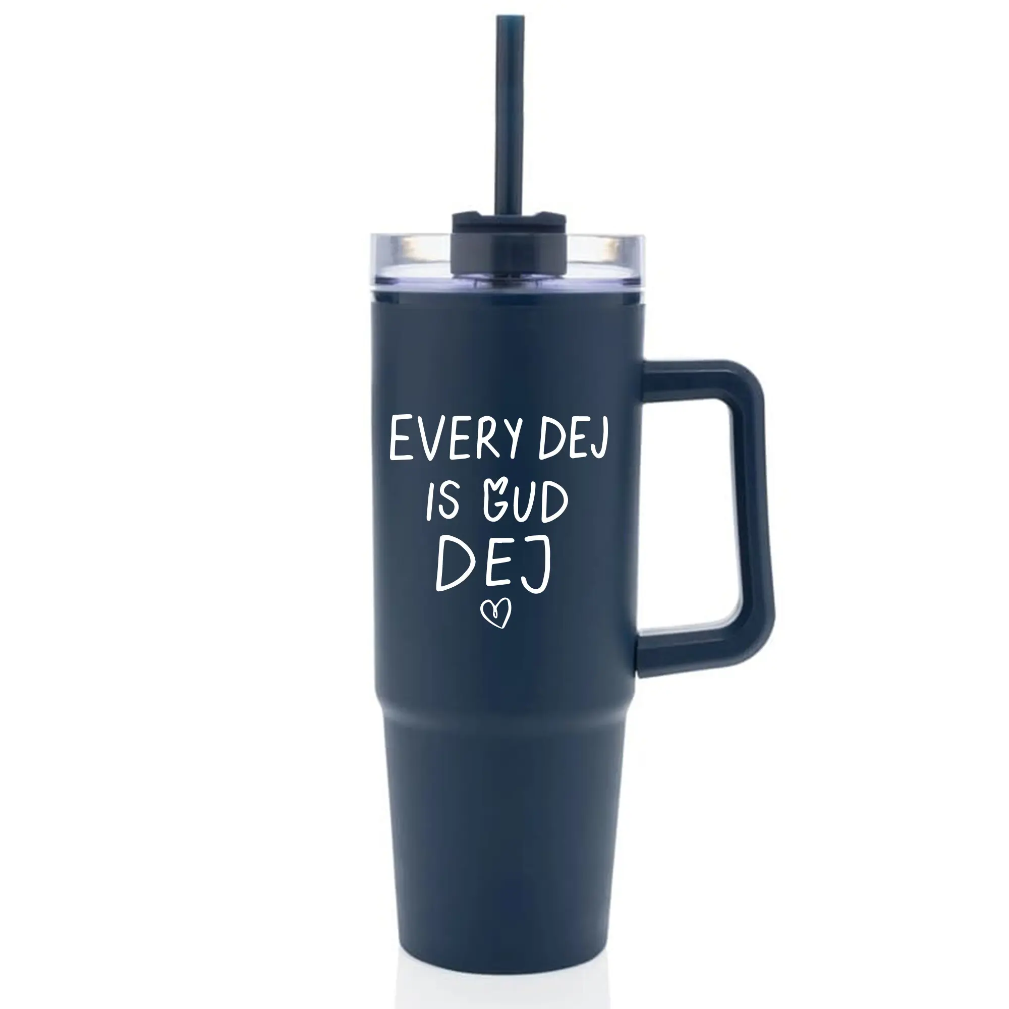 EVERY DEJ IS GUD DEJ - tmavě modrý cestovní hrnek s průhledným víčkem 900 ml