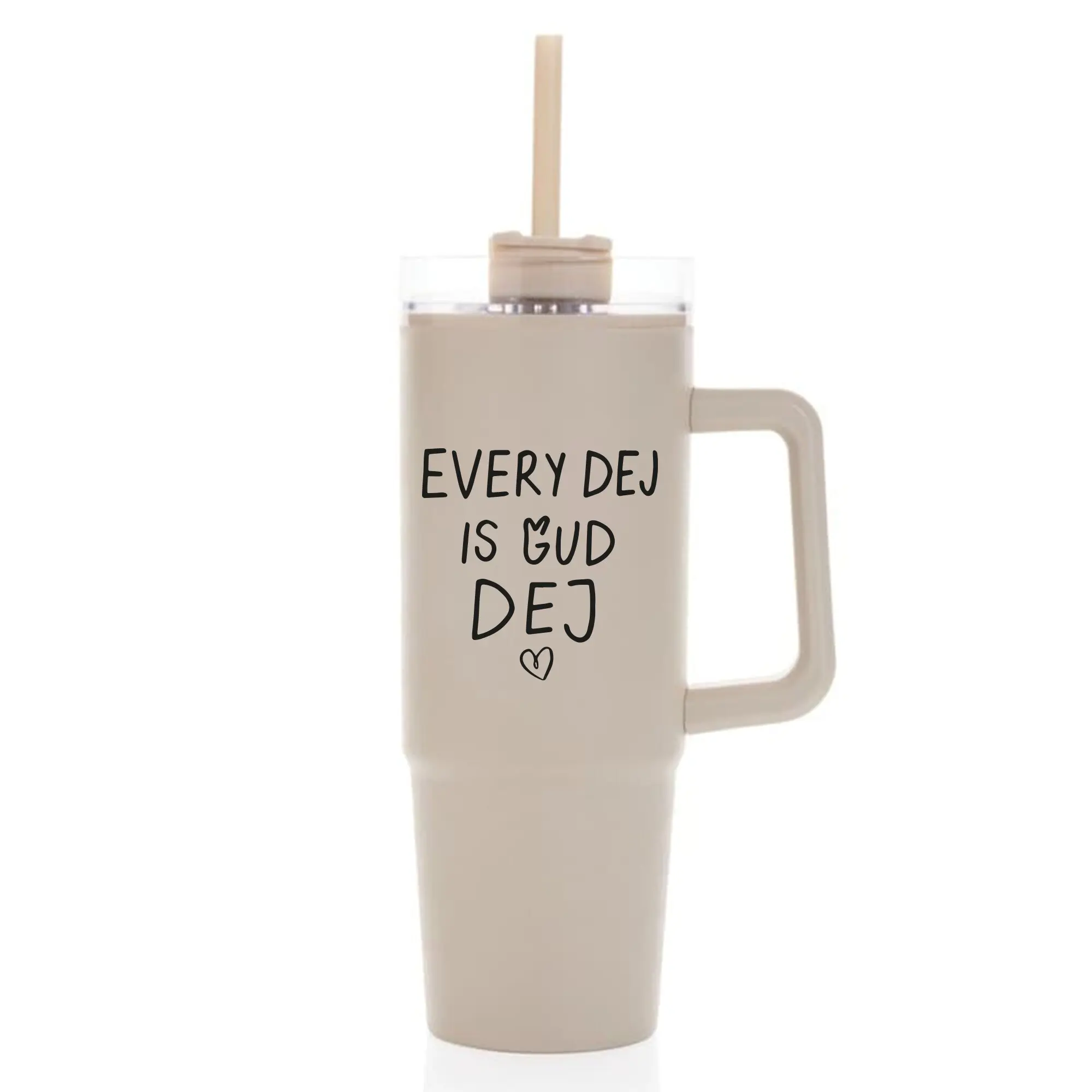 EVERY DEJ IS GUD DEJ - béžový cestovní hrnek s průhledným víčkem 900 ml