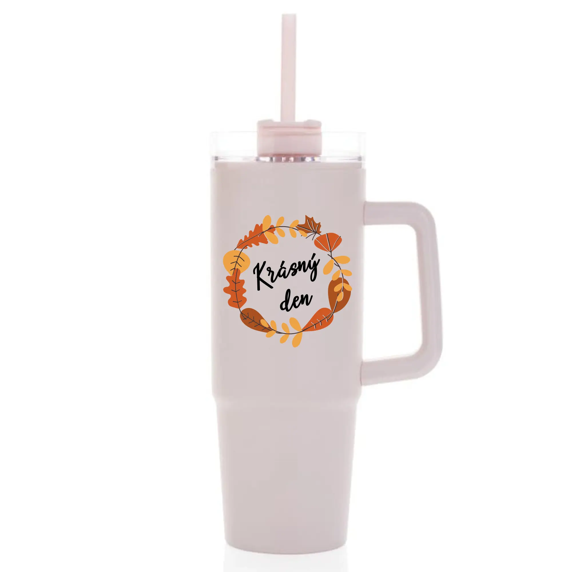 KRÁSNÝ DEN (PODZIM) - růžový cestovní termohrnek s průhledným víčkem 900 ml