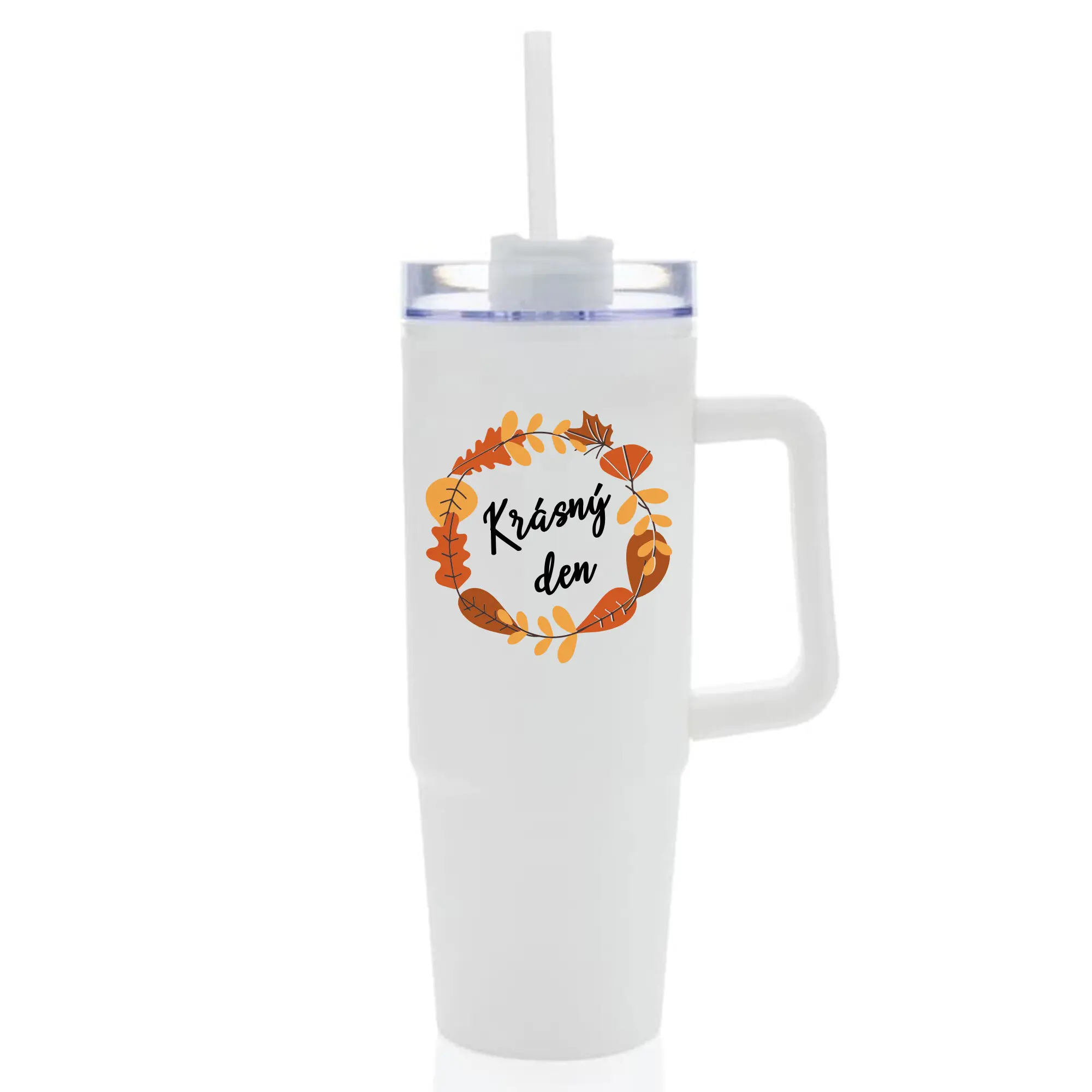 KRÁSNÝ DEN (PODZIM) - bílý cestovní termohrnek s průhledným víčkem 900 ml