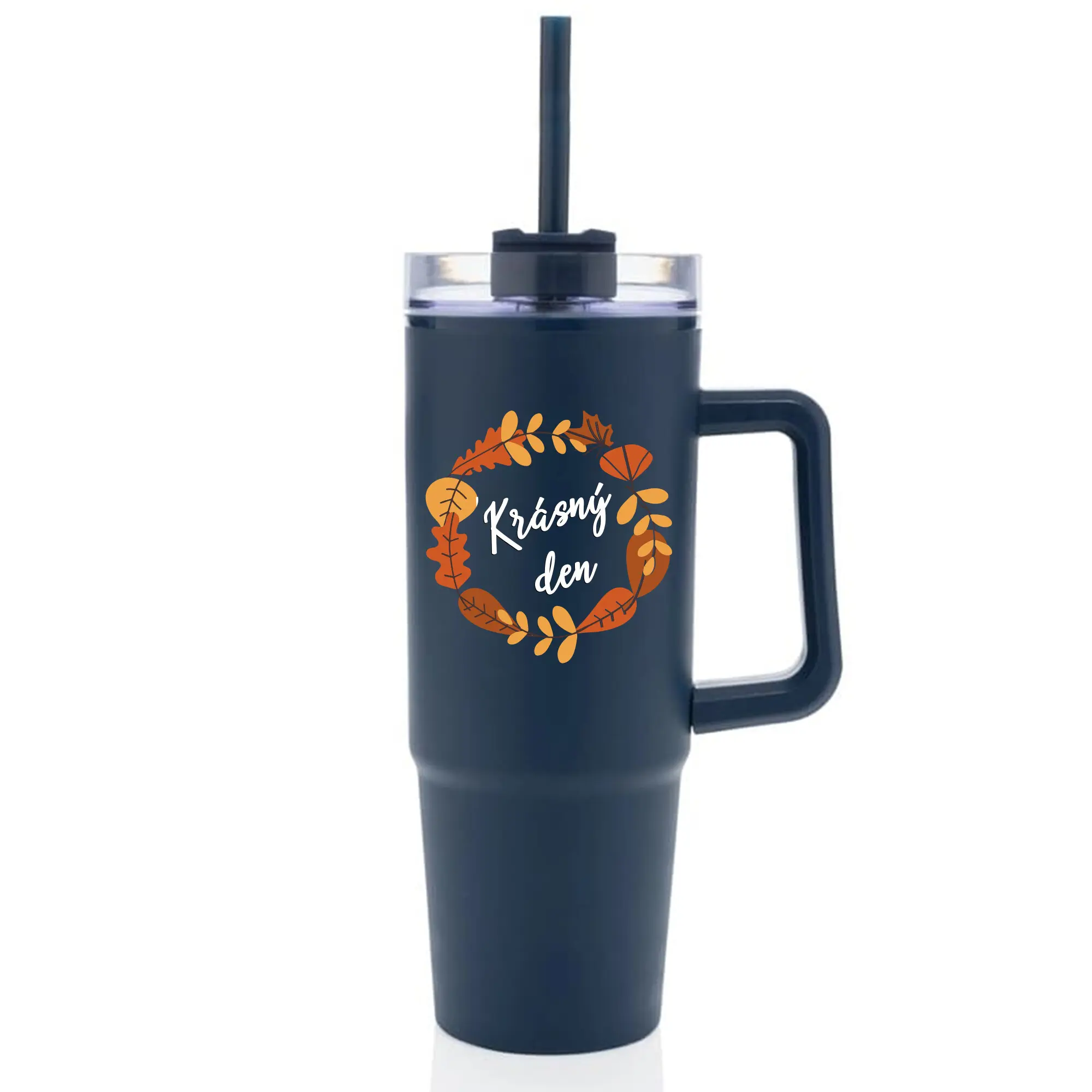 KRÁSNÝ DEN (PODZIM) - modrý cestovní termohrnek s průhledným víčkem 900 ml