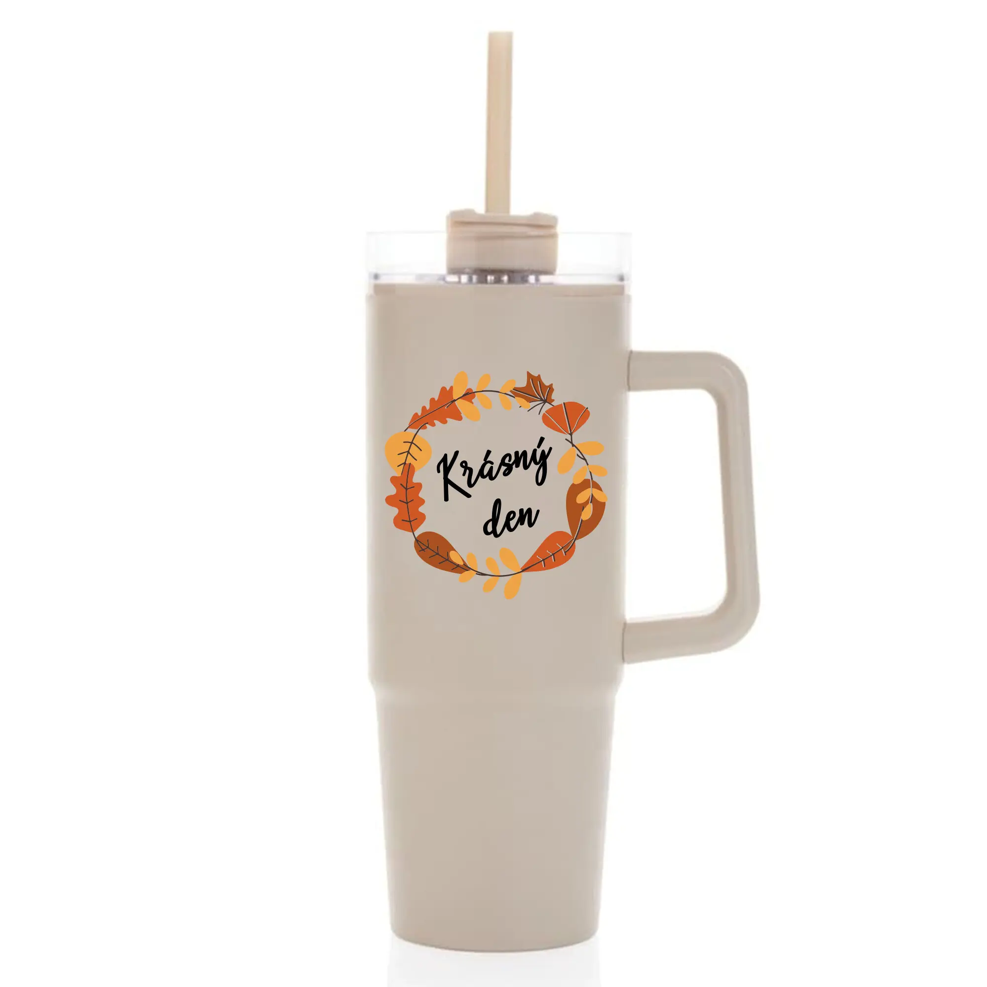KRÁSNÝ DEN (PODZIM) - béžový cestovní termohrnek s průhledným víčkem 900 ml