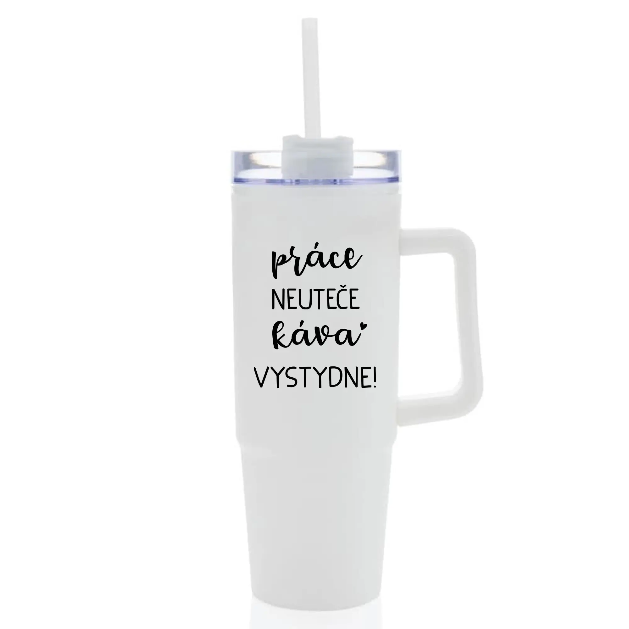 PRÁCE NEUTEČE, KÁVA VYSTYDNE! - bílý cestovní termohrnek s průhledným víčkem 900 ml