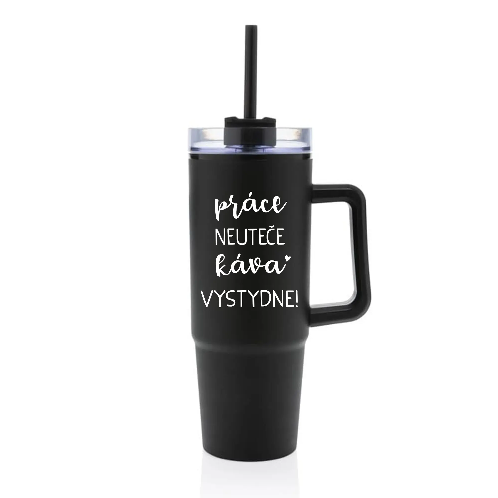 PRÁCE NEUTEČE, KÁVA VYSTYDNE! - černý cestovní termohrnek s průhledným víčkem 900 ml