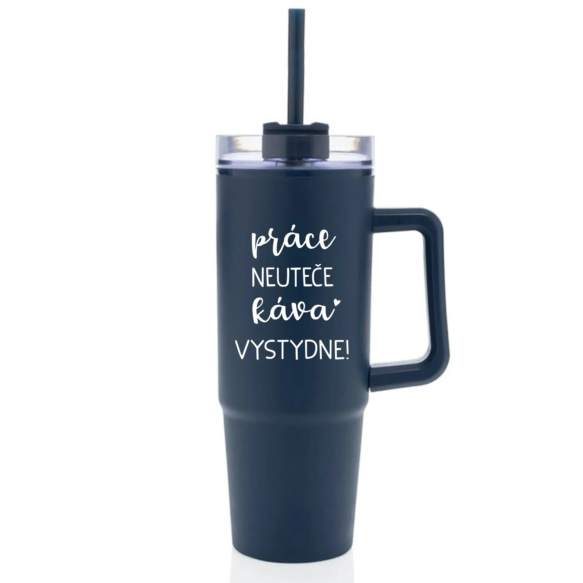 PRÁCE NEUTEČE, KÁVA VYSTYDNE! - modrý cestovní termohrnek s průhledným víčkem 900 ml