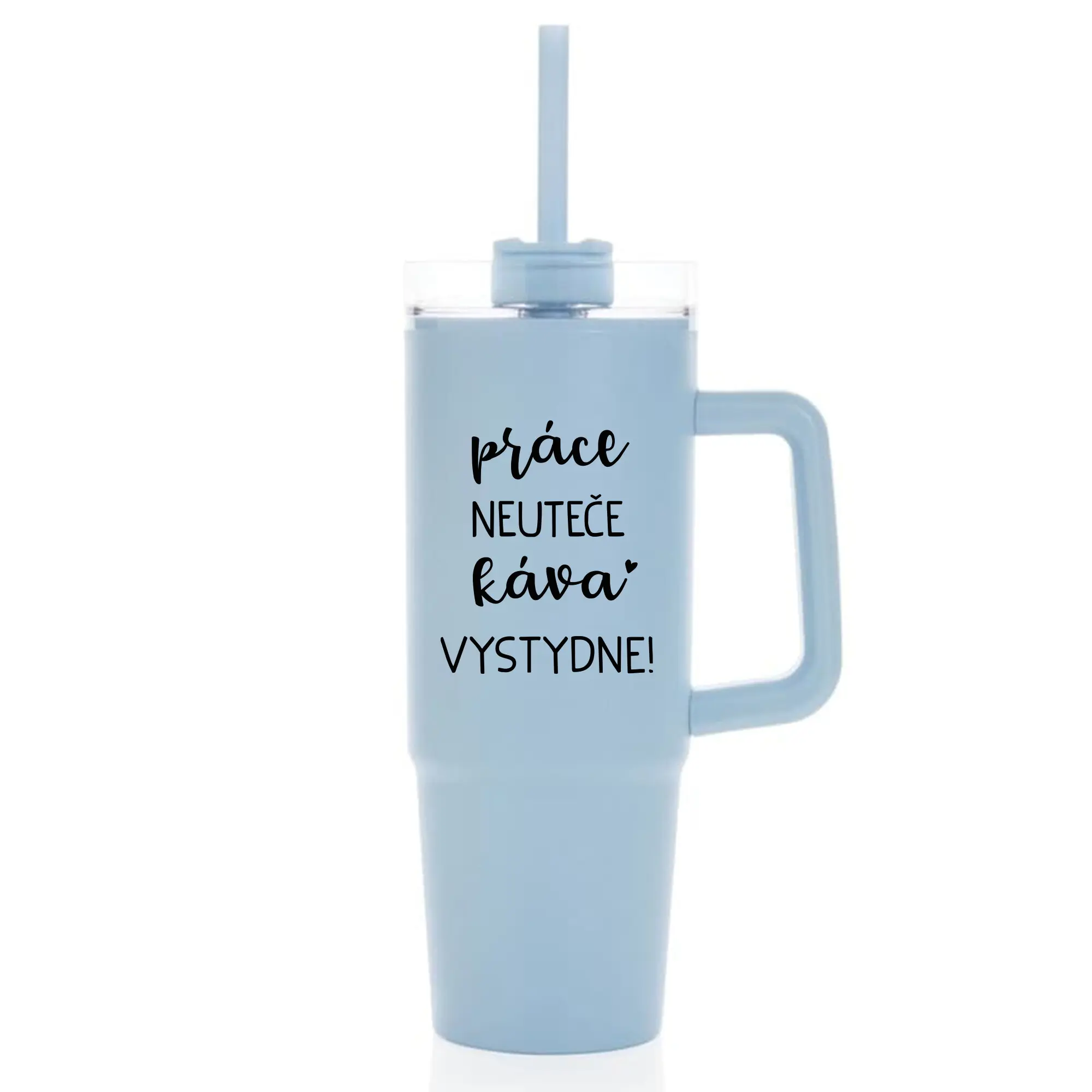 PRÁCE NEUTEČE, KÁVA VYSTYDNE! - světle modrý cestovní termohrnek s průhledným víčkem 900 ml