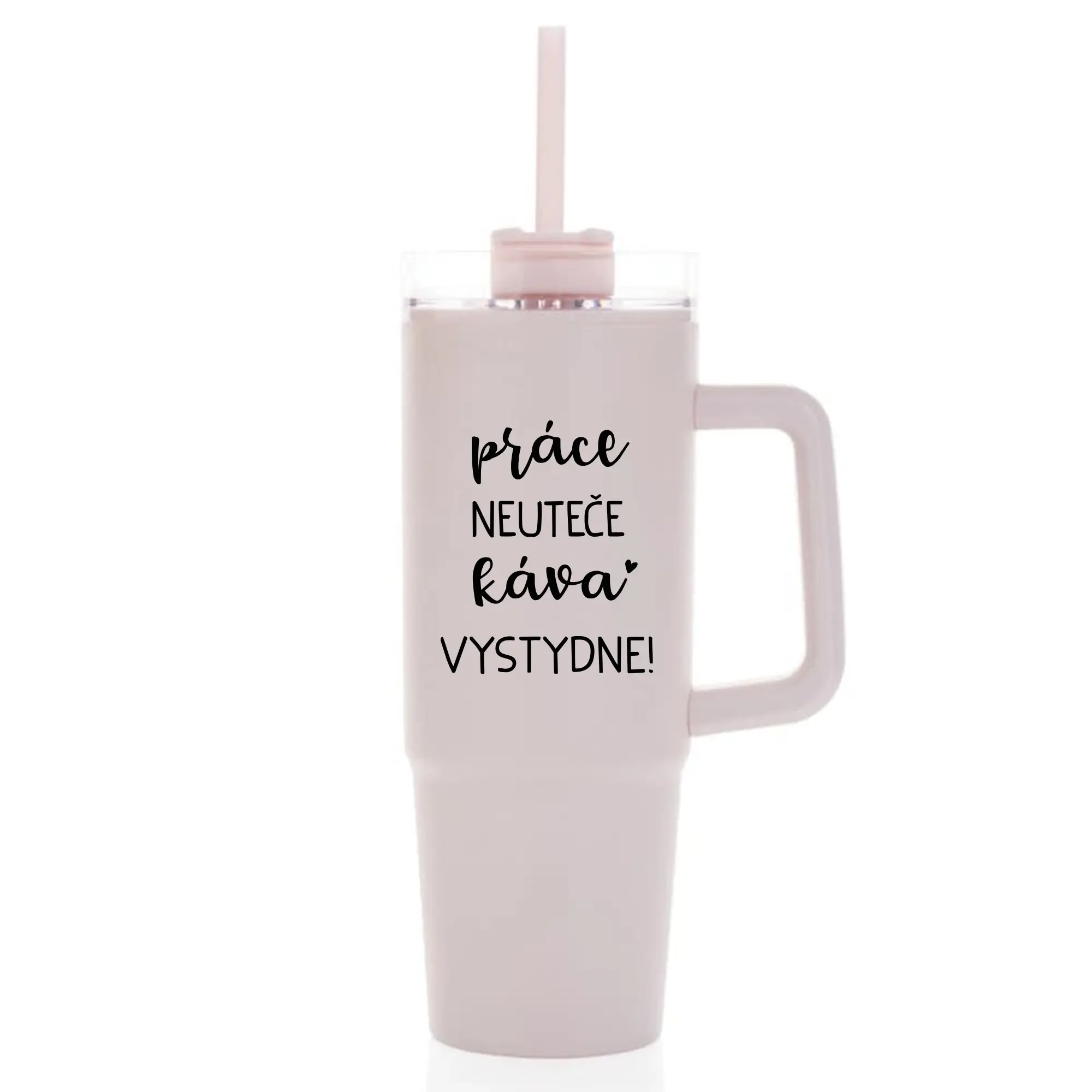 PRÁCE NEUTEČE, KÁVA VYSTYDNE! - růžový cestovní termohrnek s průhledným víčkem 900 ml