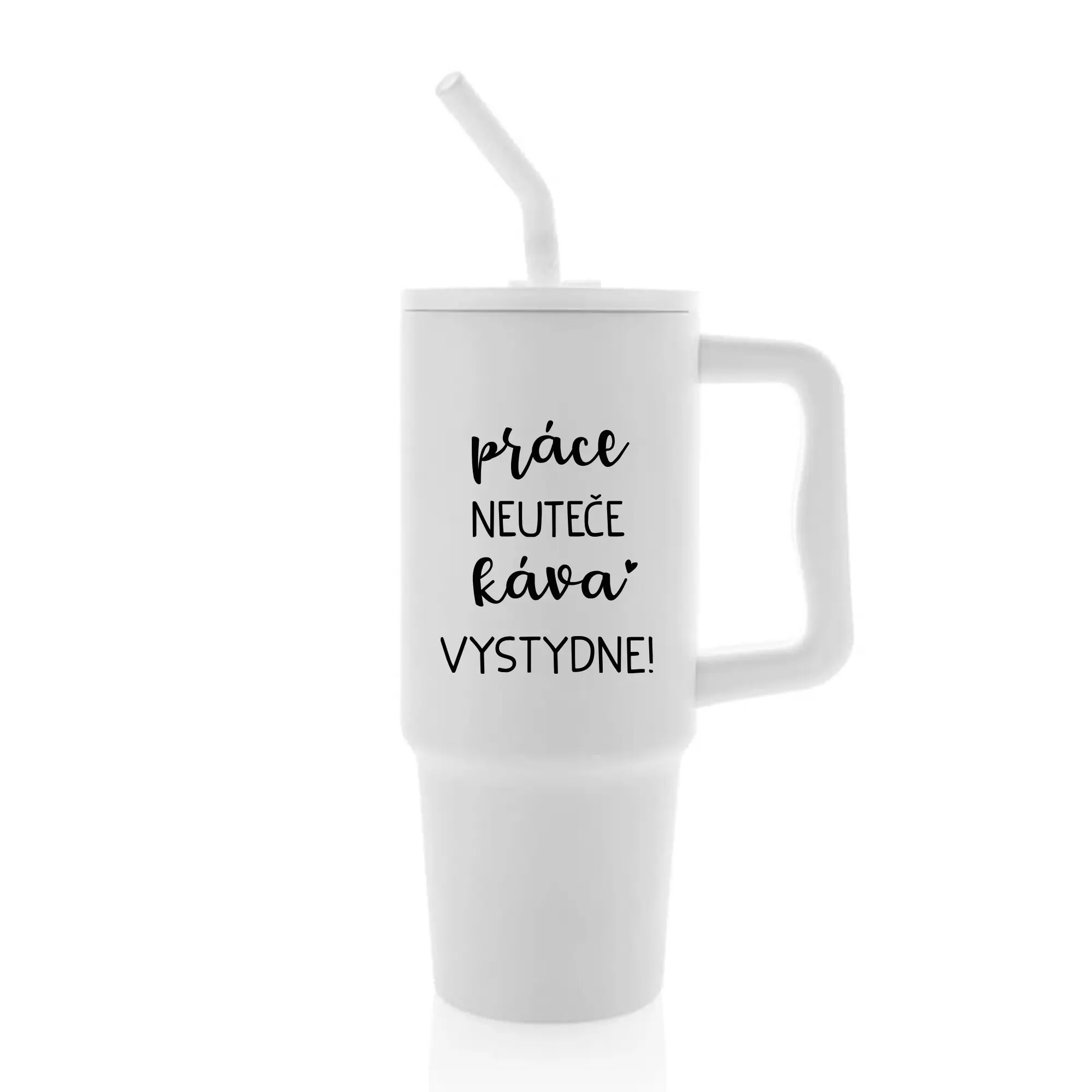 PRÁCE NEUTEČE, KÁVA VYSTYDNE! - bílý cestovní termohrnek 900 ml