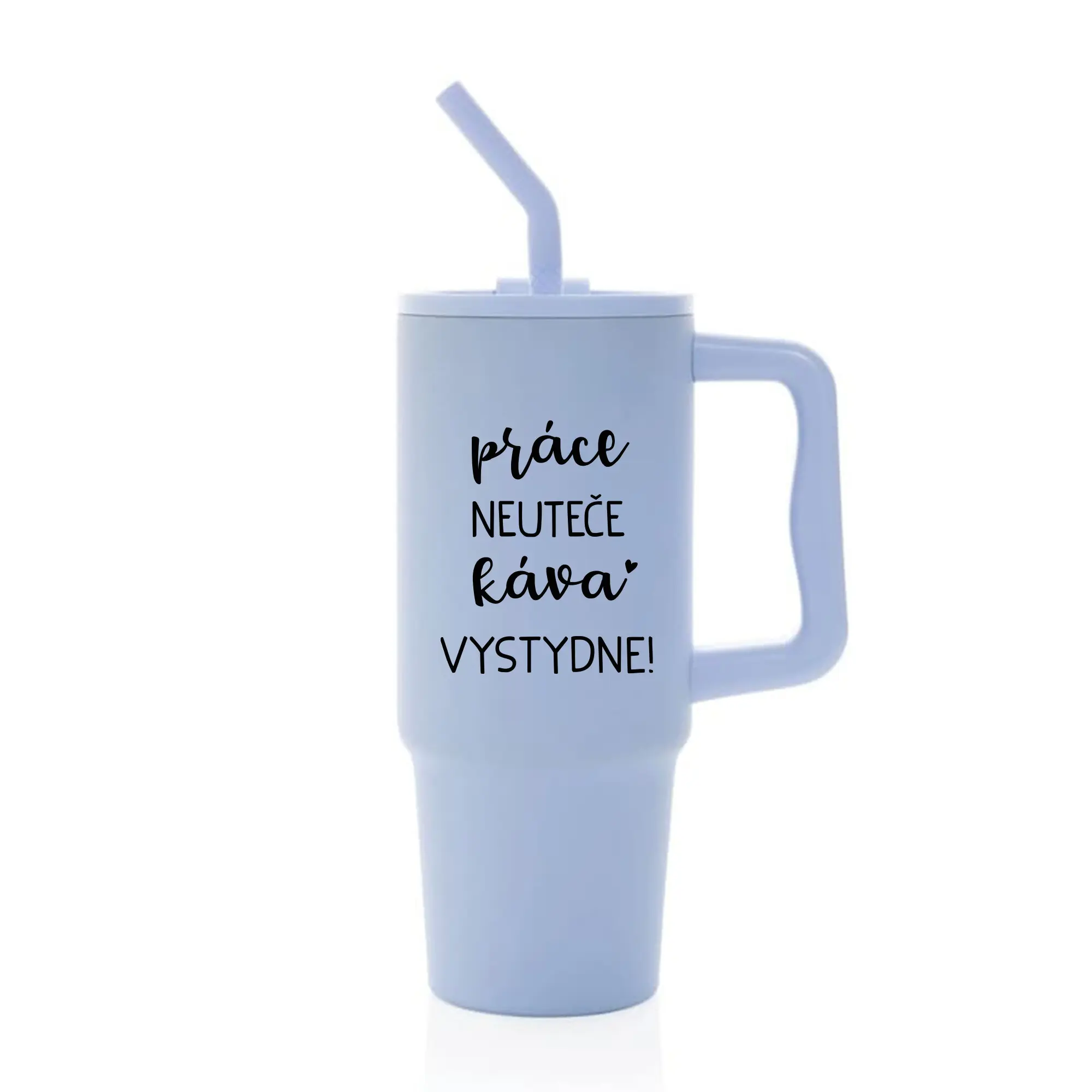 PRÁCE NEUTEČE, KÁVA VYSTYDNE! - světle modrý cestovní termohrnek 900 ml