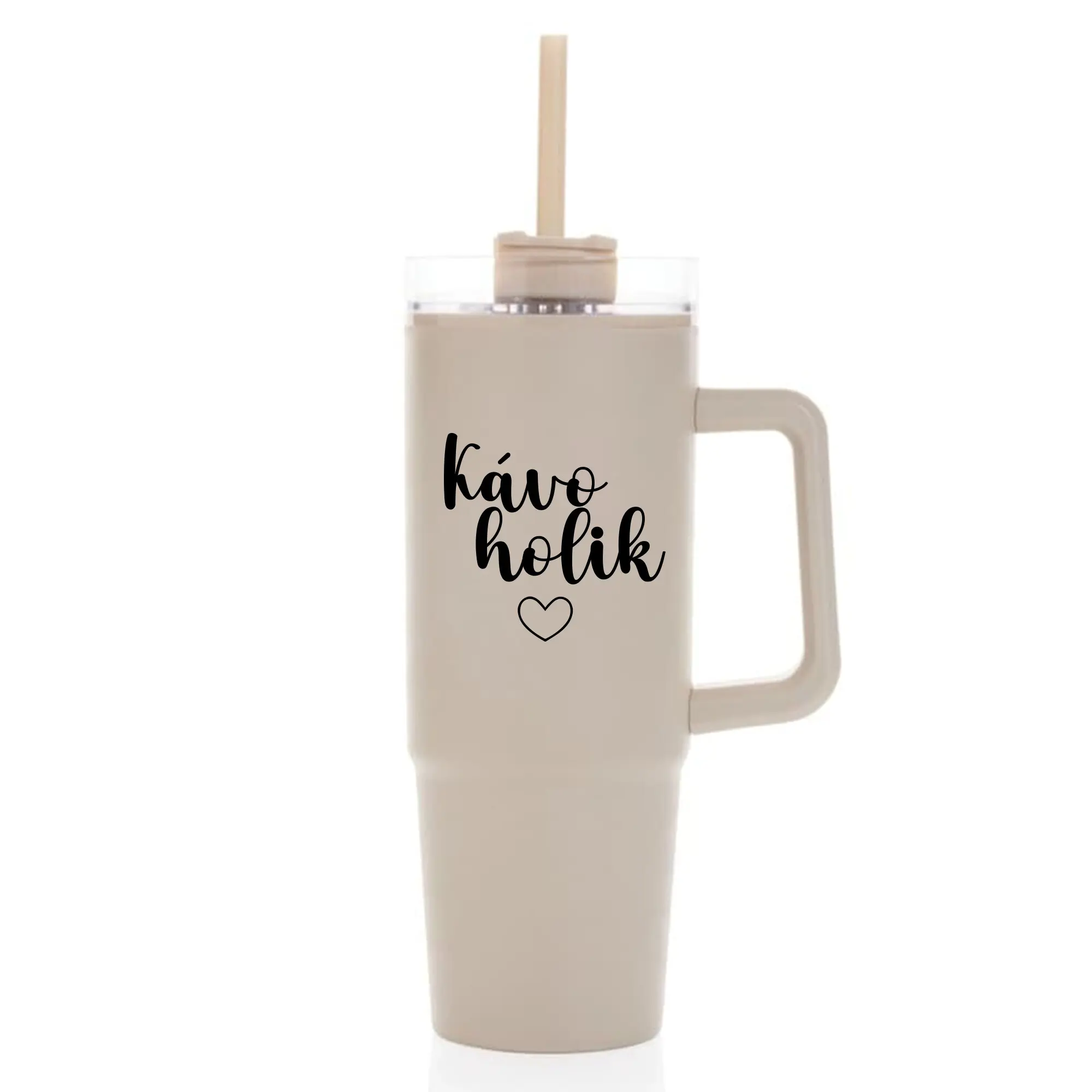 KÁVOHOLIK - béžový cestovní termohrnek s průhledným víčkem 900 ml