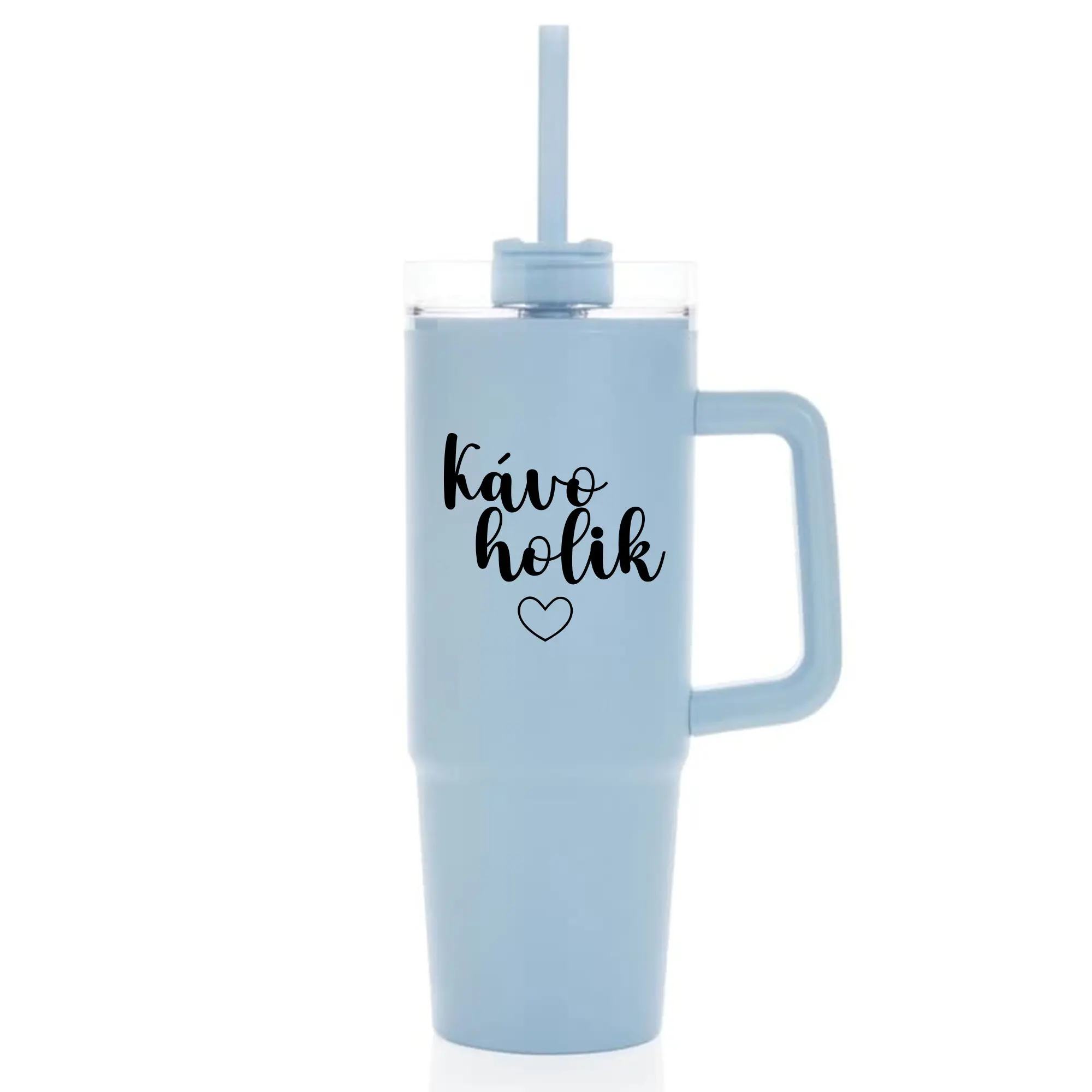 KÁVOHOLIK - světle modrý cestovní termohrnek s průhledným víčkem 900 ml