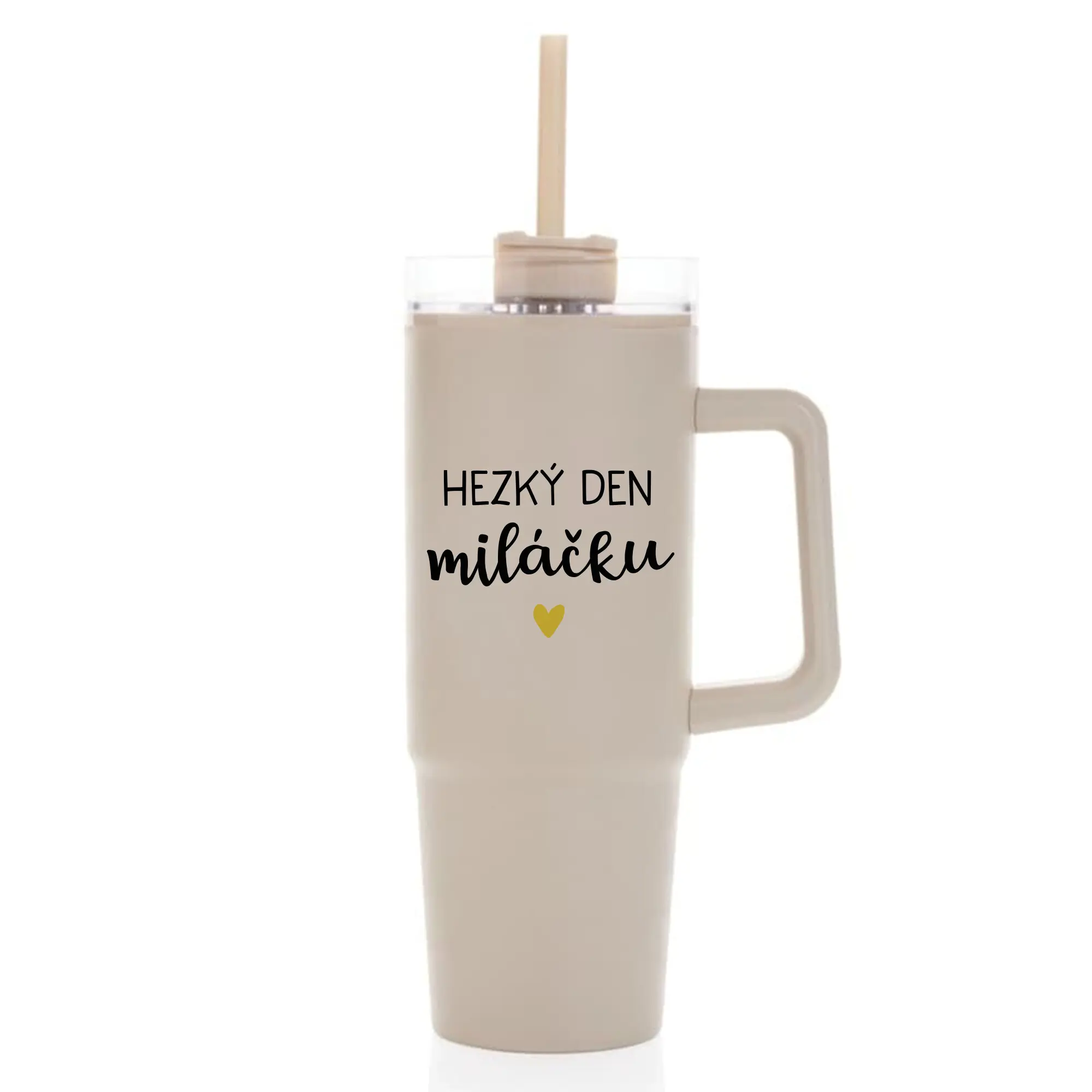 HEZKÝ DEN MILÁČKU - béžový cestovní termohrnek s průhledným víčkem 900 ml