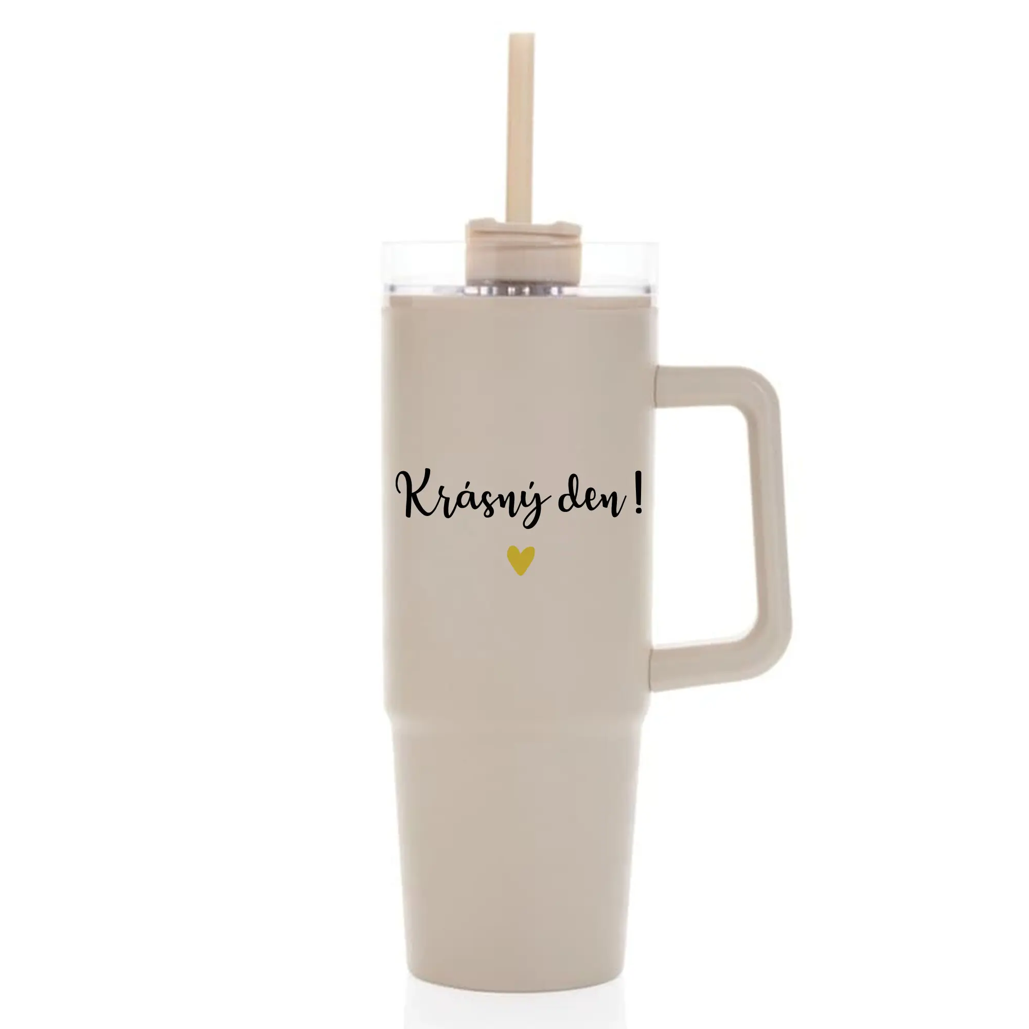 KRÁSNÝ DEN - béžový cestovní termohrnek s průhledným víčkem 900 ml