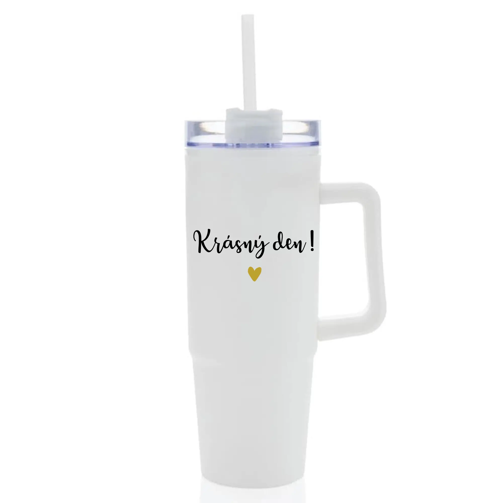 KRÁSNÝ DEN - bílý cestovní termohrnek s průhledným víčkem 900 ml