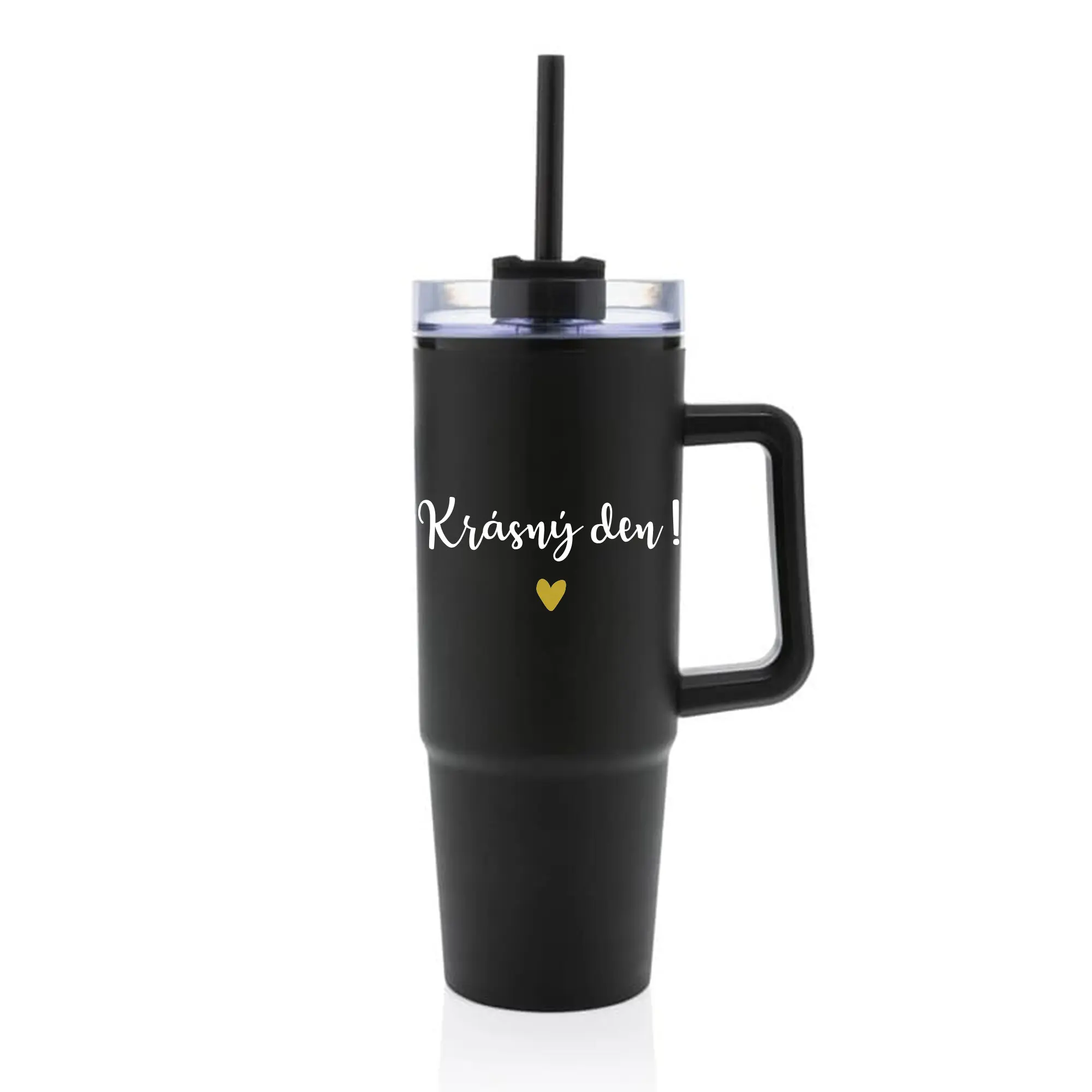 KRÁSNÝ DEN - černý cestovní termohrnek s průhledným víčkem 900 ml
