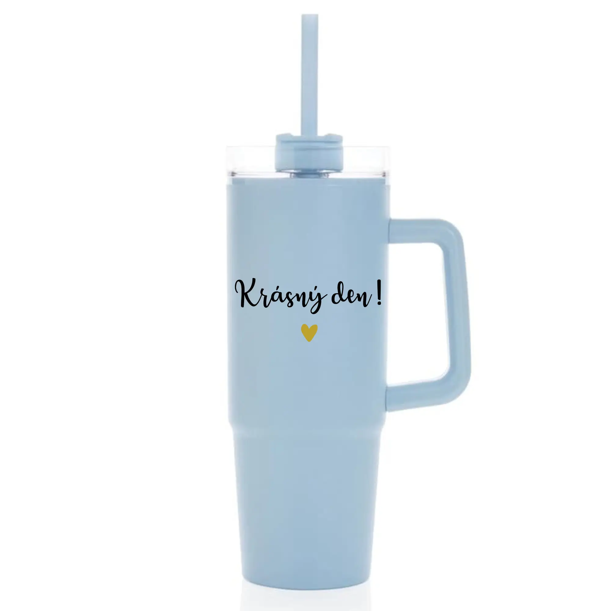 KRÁSNÝ DEN - světle modrý cestovní termohrnek s průhledným víčkem 900 ml