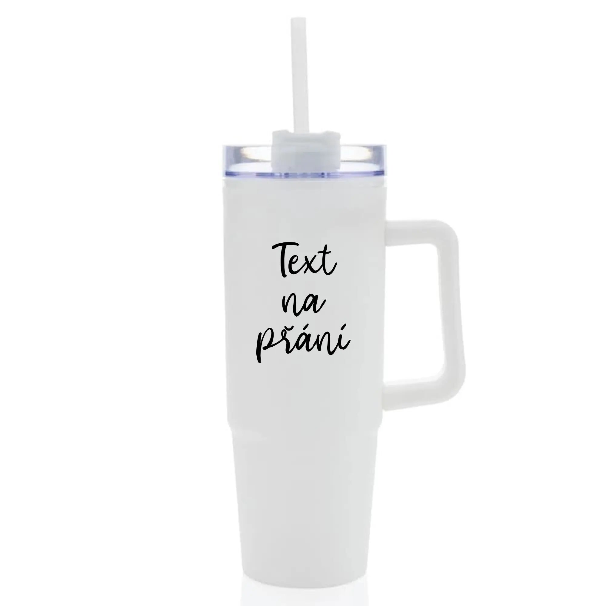 TEXT NA PŘÁNÍ - bílý cestovní termohrnek s průhledným víčkem 900 ml