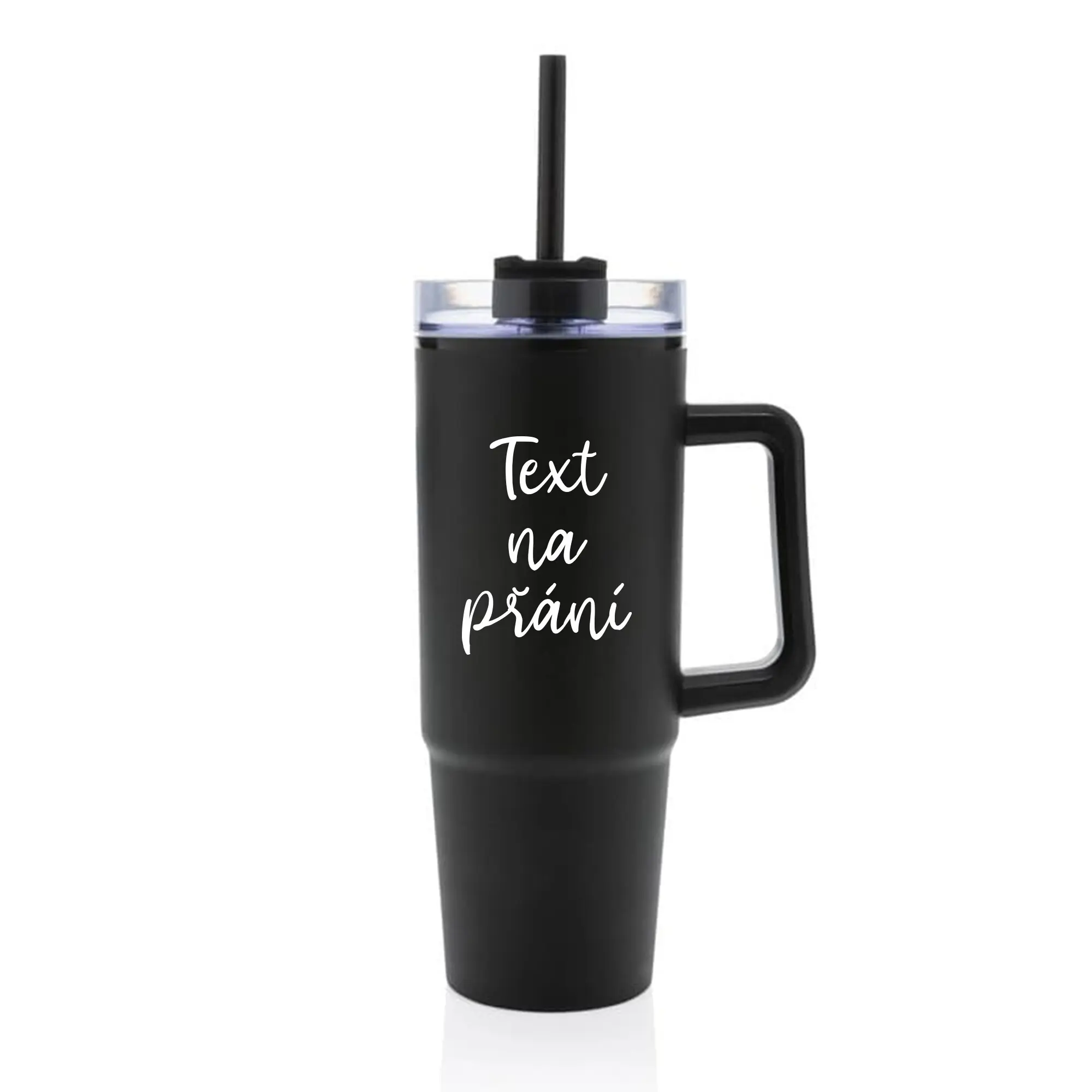 TEXT NA PŘÁNÍ - černý cestovní termohrnek s průhledným víčkem 900 ml