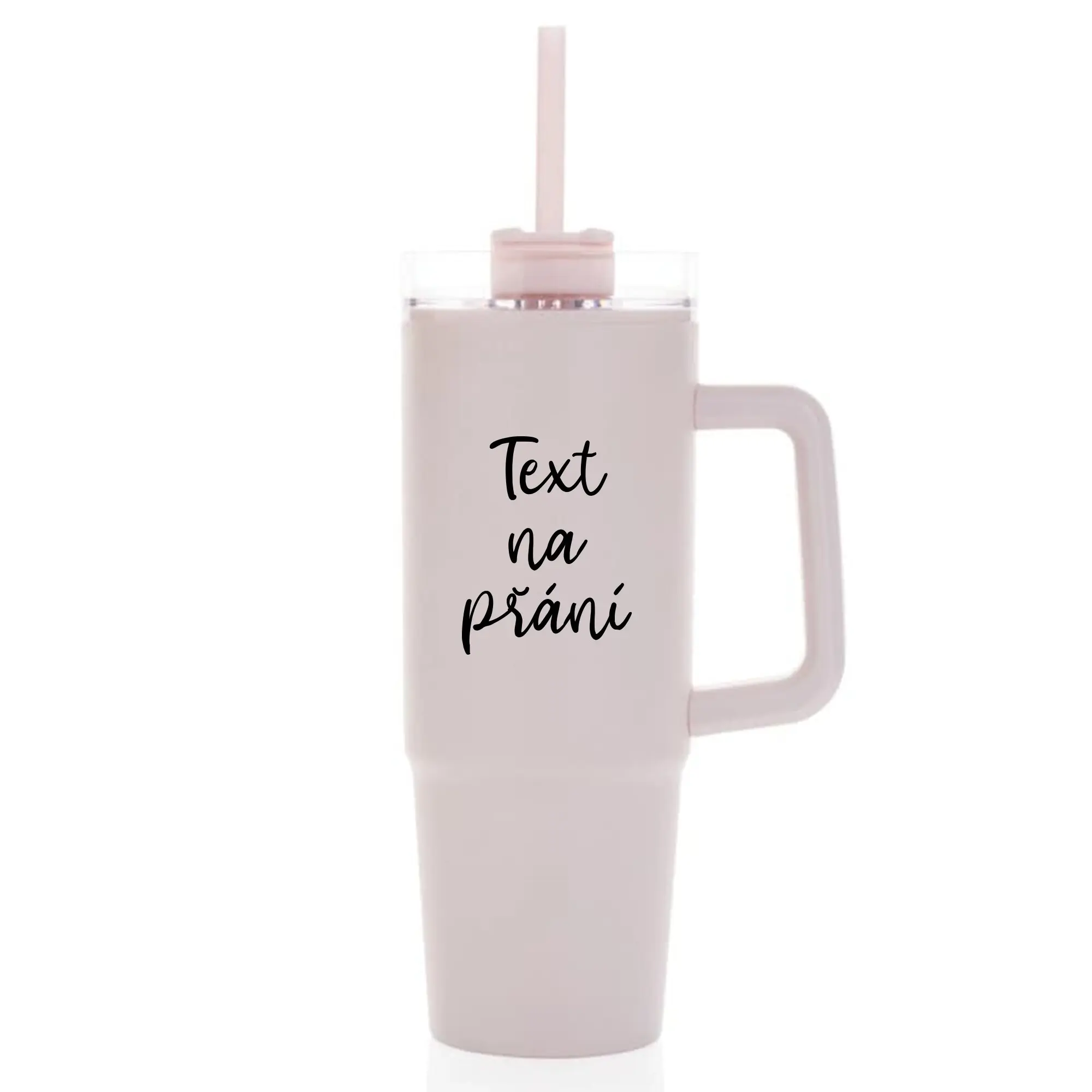 TEXT NA PŘÁNÍ - růžový cestovní termohrnek s průhledným víčkem 900 ml