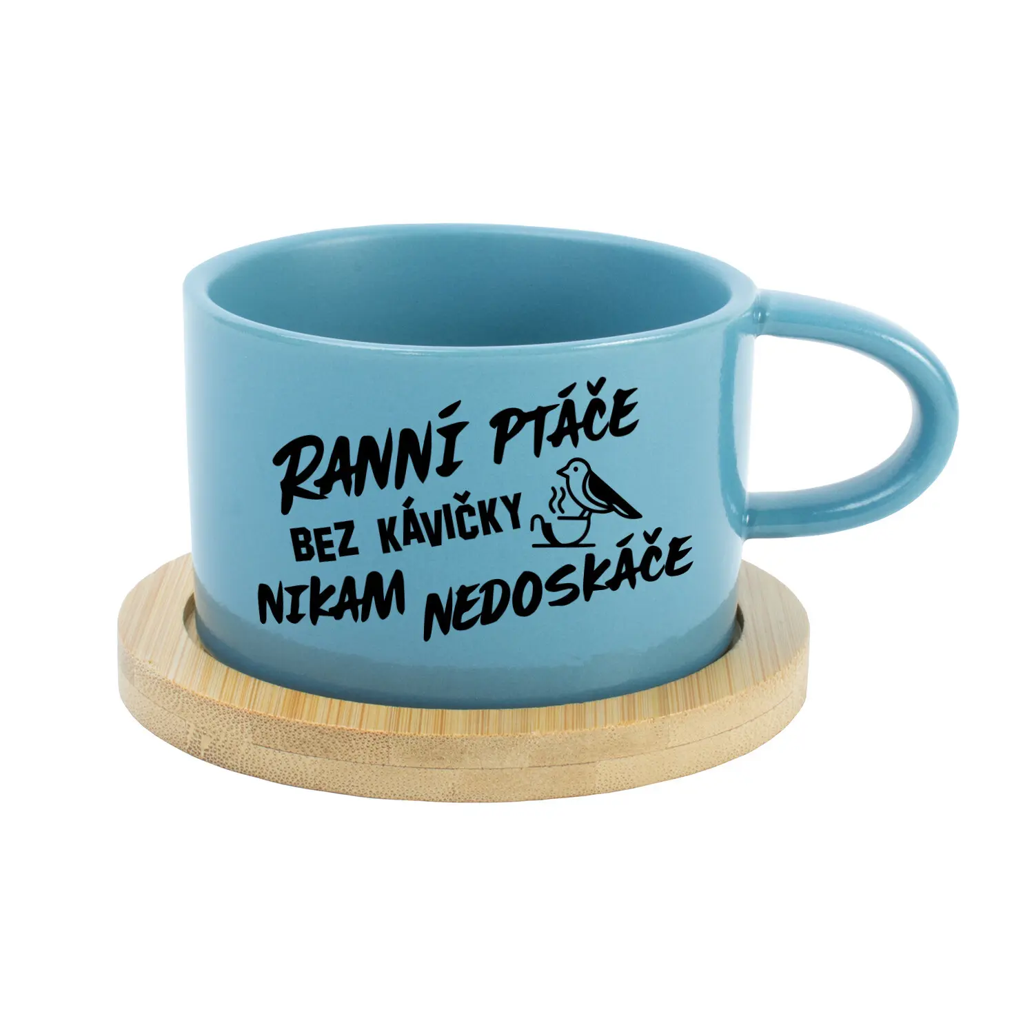 RANNÍ PTÁČE BEZ KÁVIČKY NIKAM NEDOSKÁČE - modrý hrníček makronka 200 ml