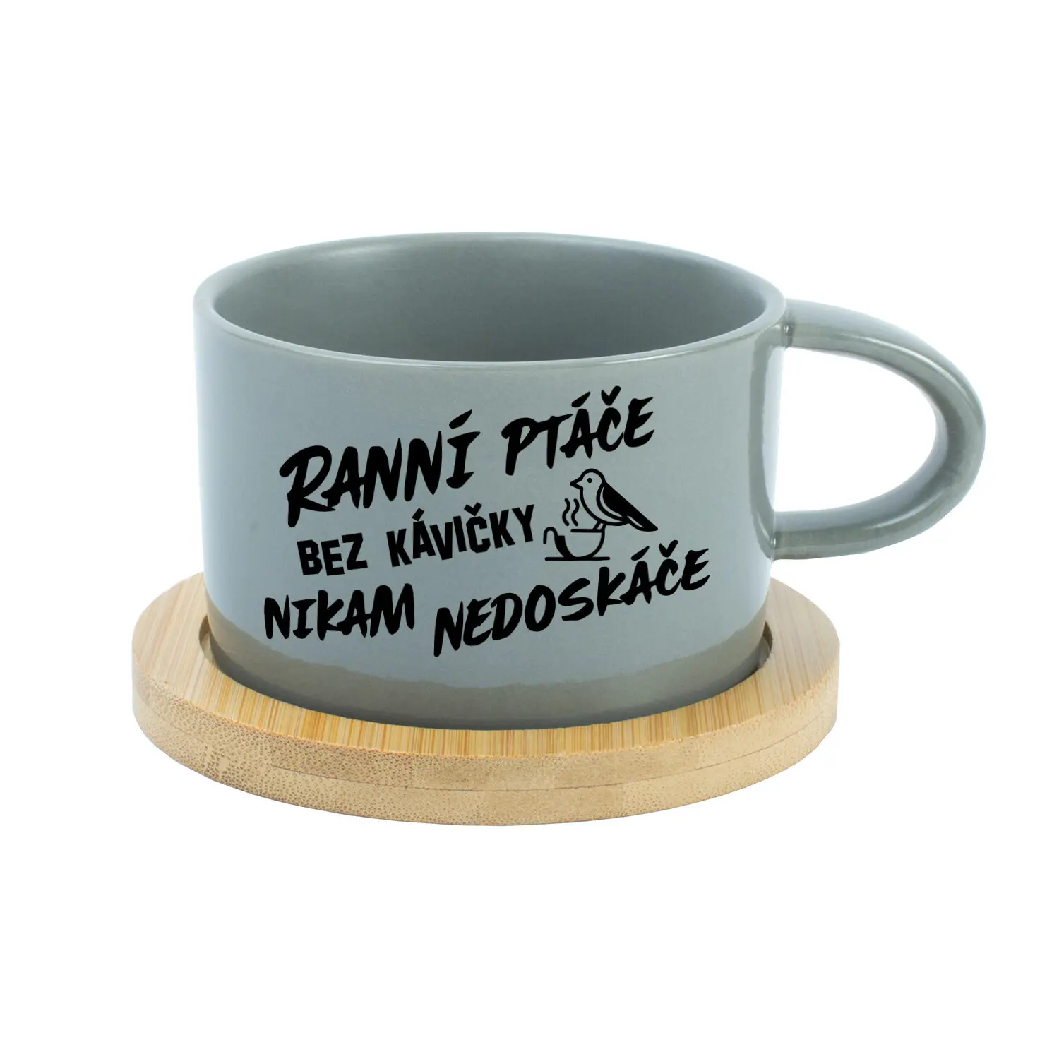 RANNÍ PTÁČE BEZ KÁVIČKY NIKAM NEDOSKÁČE - šedý hrníček makronka 200 ml