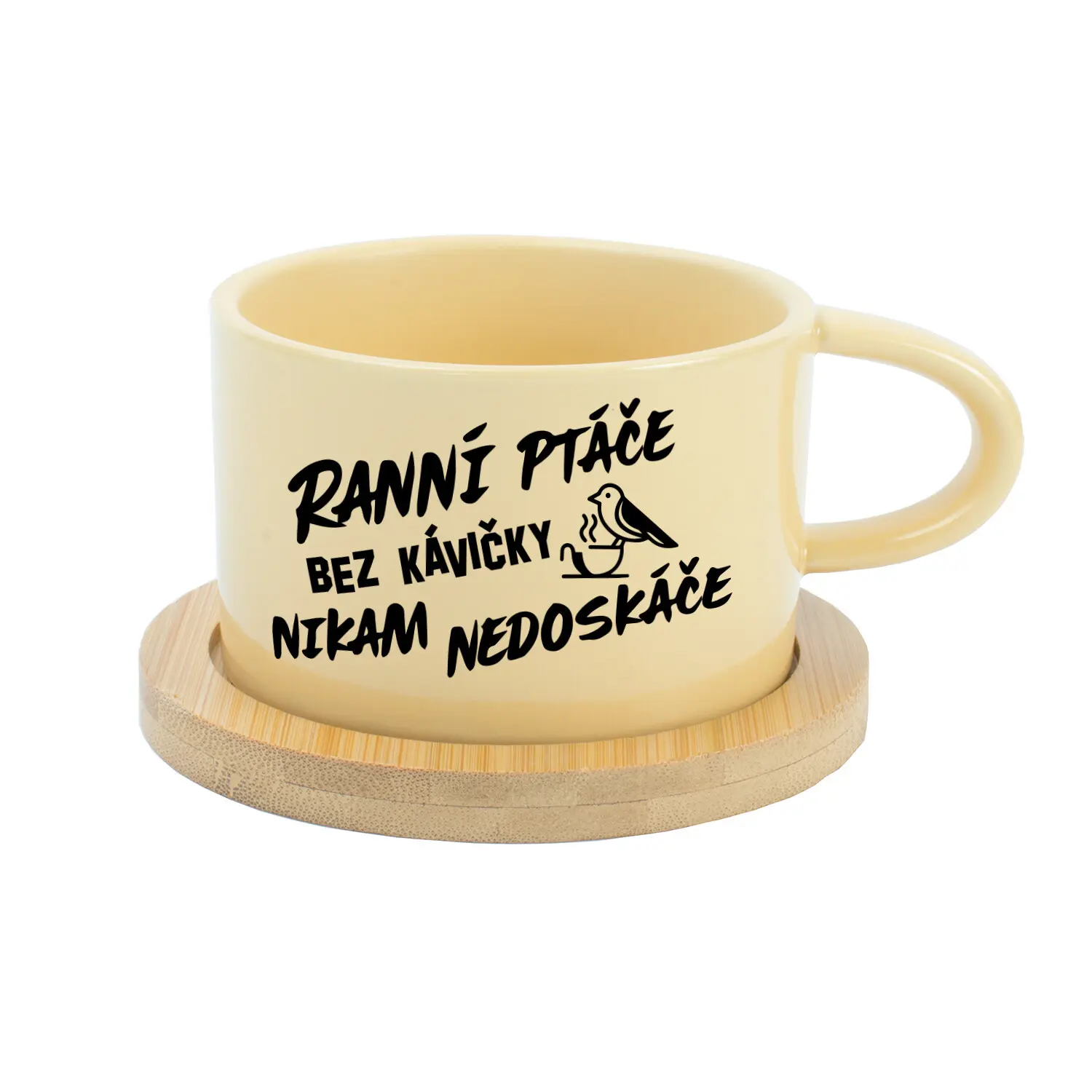RANNÍ PTÁČE BEZ KÁVIČKY NIKAM NEDOSKÁČE - žlutý hrníček makronka 200 ml