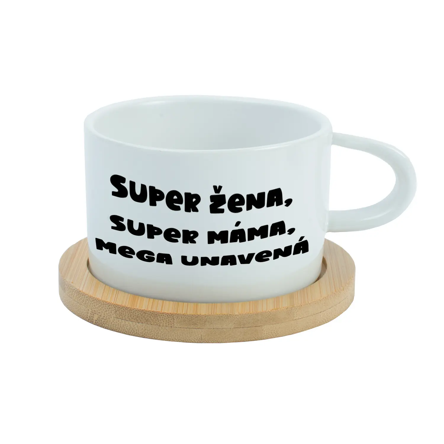 SUPER ŽENA, SUPER MÁMA, MEGA UNAVENÁ. - bílý hrníček makronka 200 ml