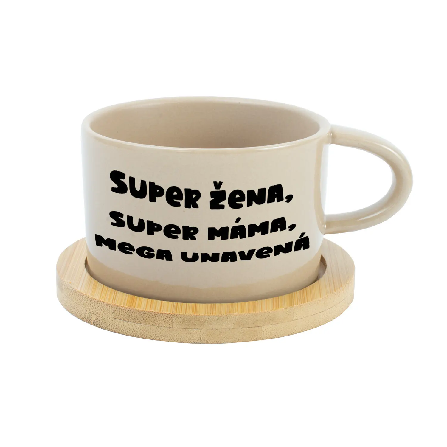 SUPER ŽENA, SUPER MÁMA, MEGA UNAVENÁ. - krémový hrníček makronka 200 ml