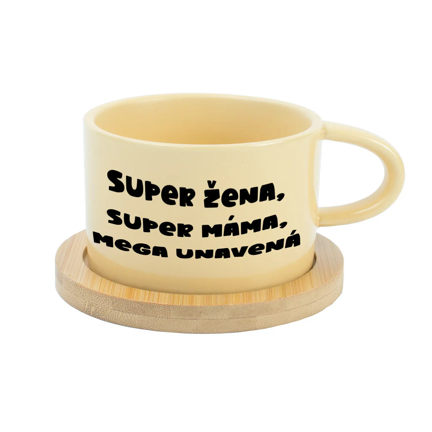 SUPER ŽENA, SUPER MÁMA, MEGA UNAVENÁ. - žlutý hrníček makronka 200 ml