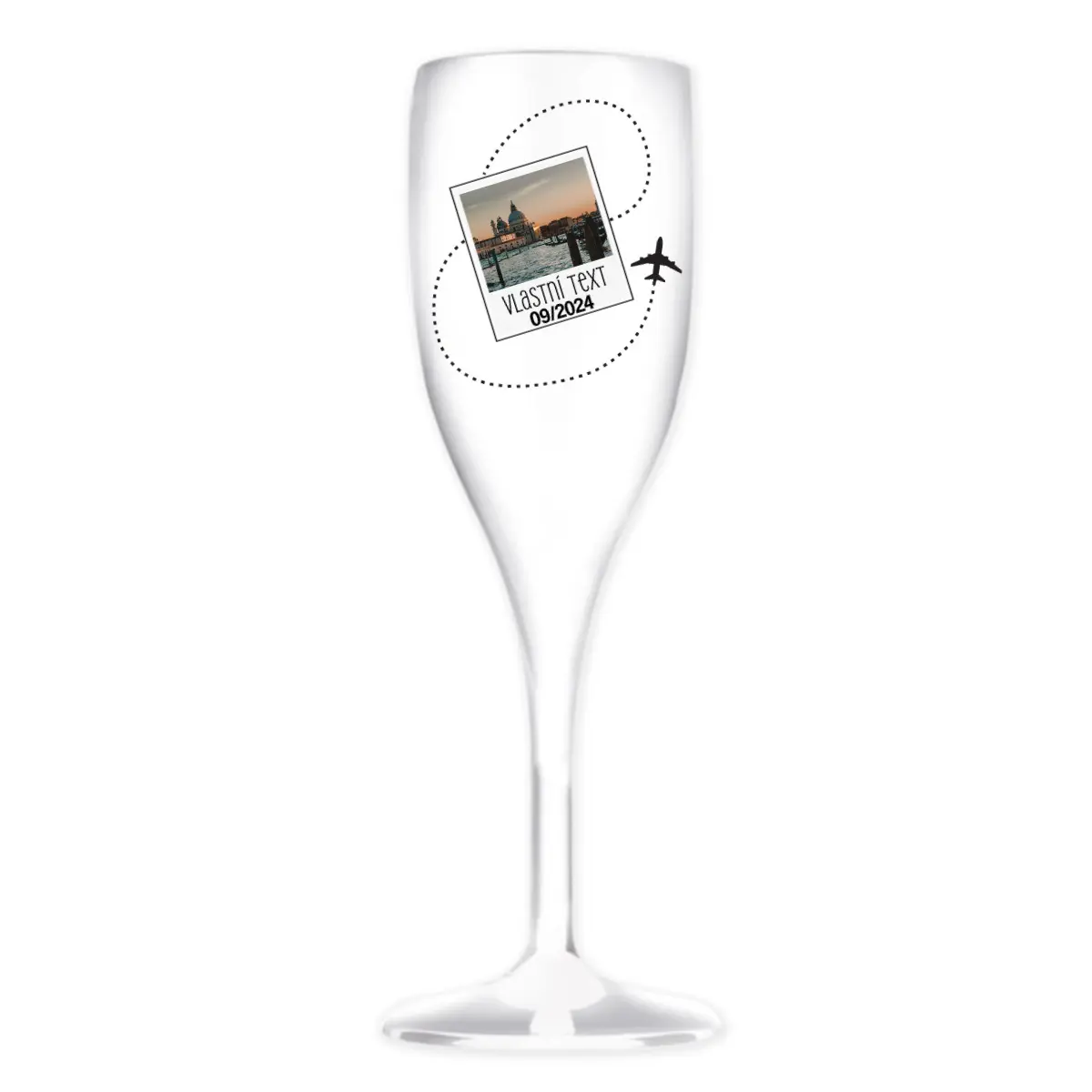 Personalizovaná nerozbitná prosecco sklenice s fotkou a cestovatelským motivem