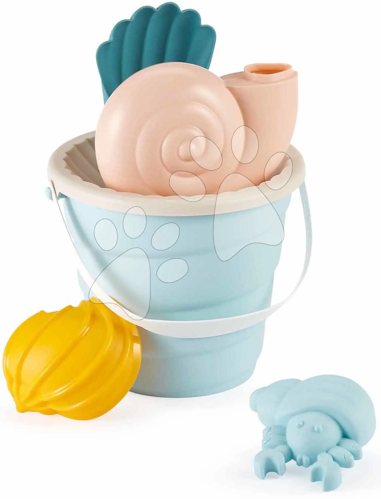 Kbelík set s mušlí a krabem Beach Écoiffier 2 bábovičky s konvičkou a lopatkou 6 dílů (výška 17 cm) od 18 měsíců