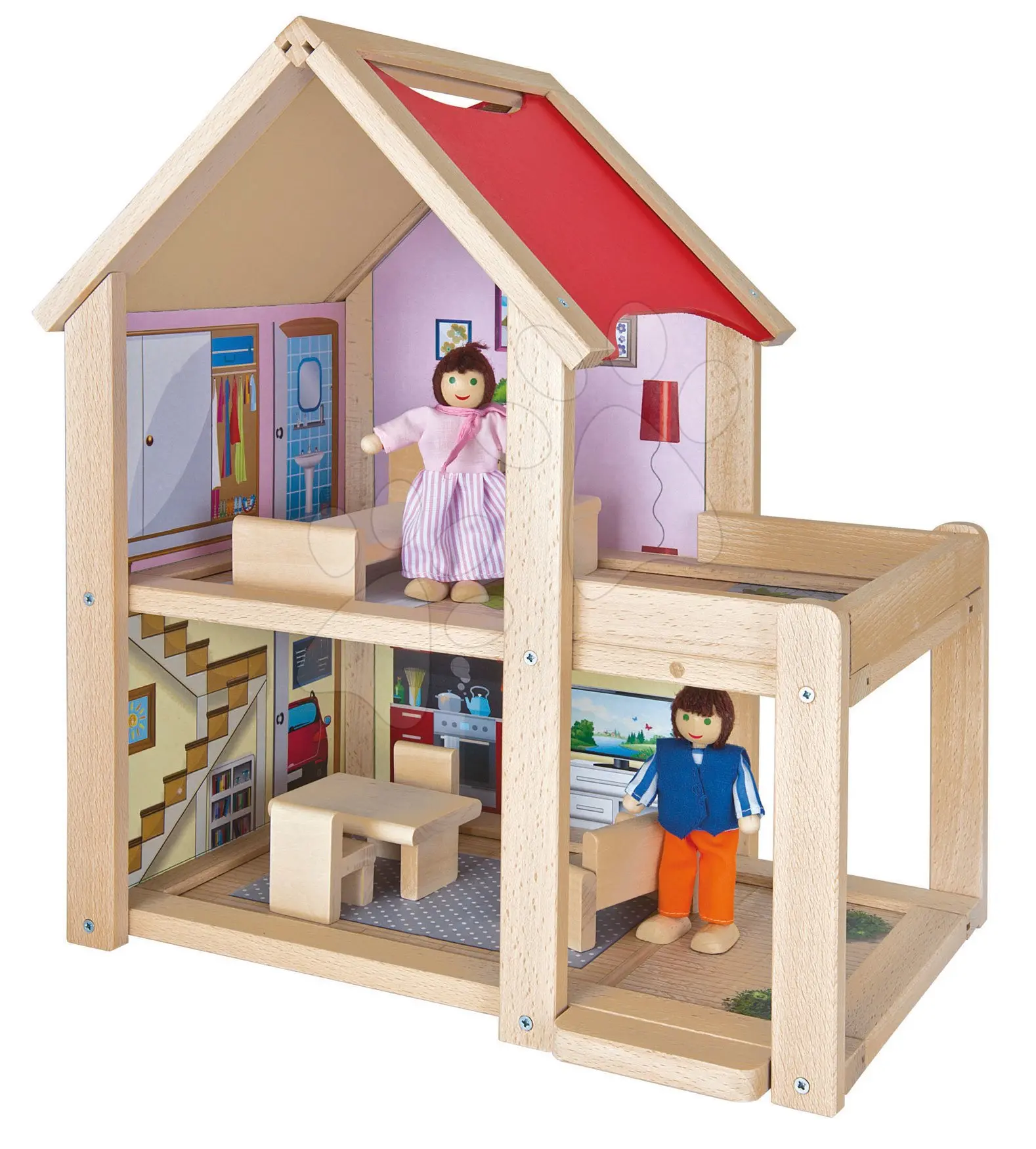 Dřevěný domeček pro panenky Doll's House Eichhorn komplet vybavený nábytkem a 2 figurkami výška 41 cm