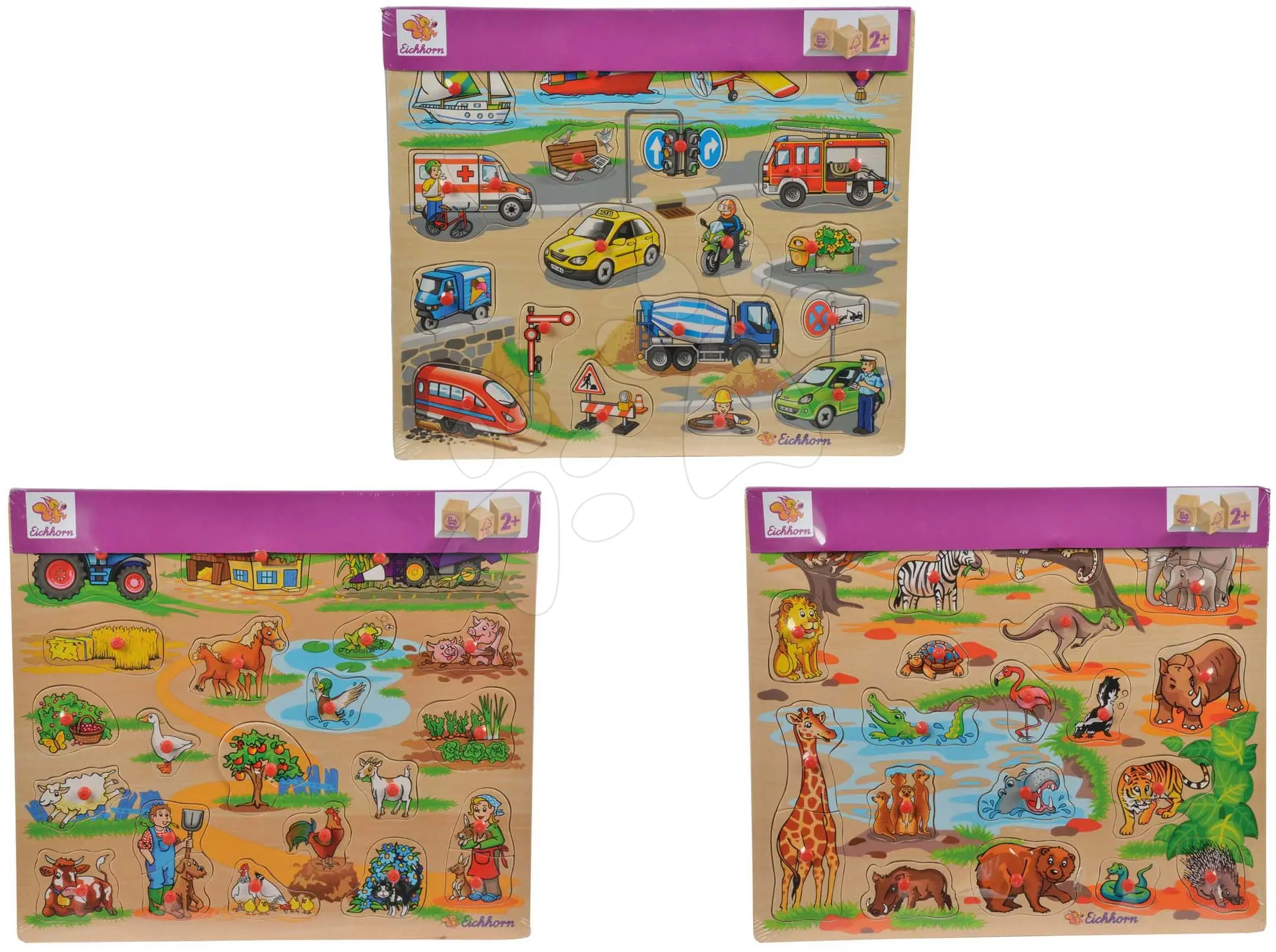 Dřevěné puzzle Pin Puzzle Eichhorn 21 vkládacích tvarů s obrázky safari farma dopravní prostředky od 24 měsíců