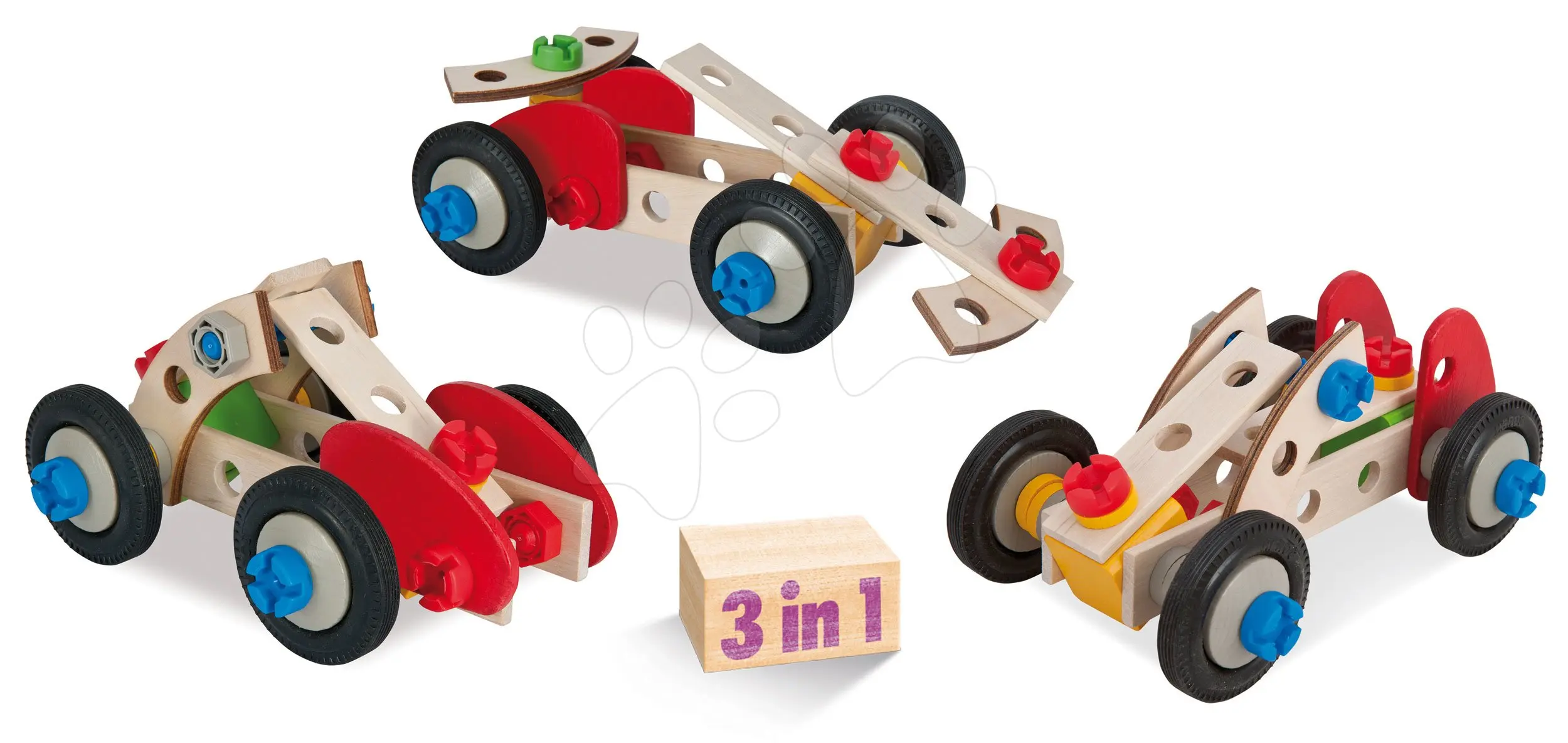 Dřevěná stavebnice závody Constructor Racer Eichhorn tři modely (minibuggy, formule 1, závodní auto) 50 dílů
