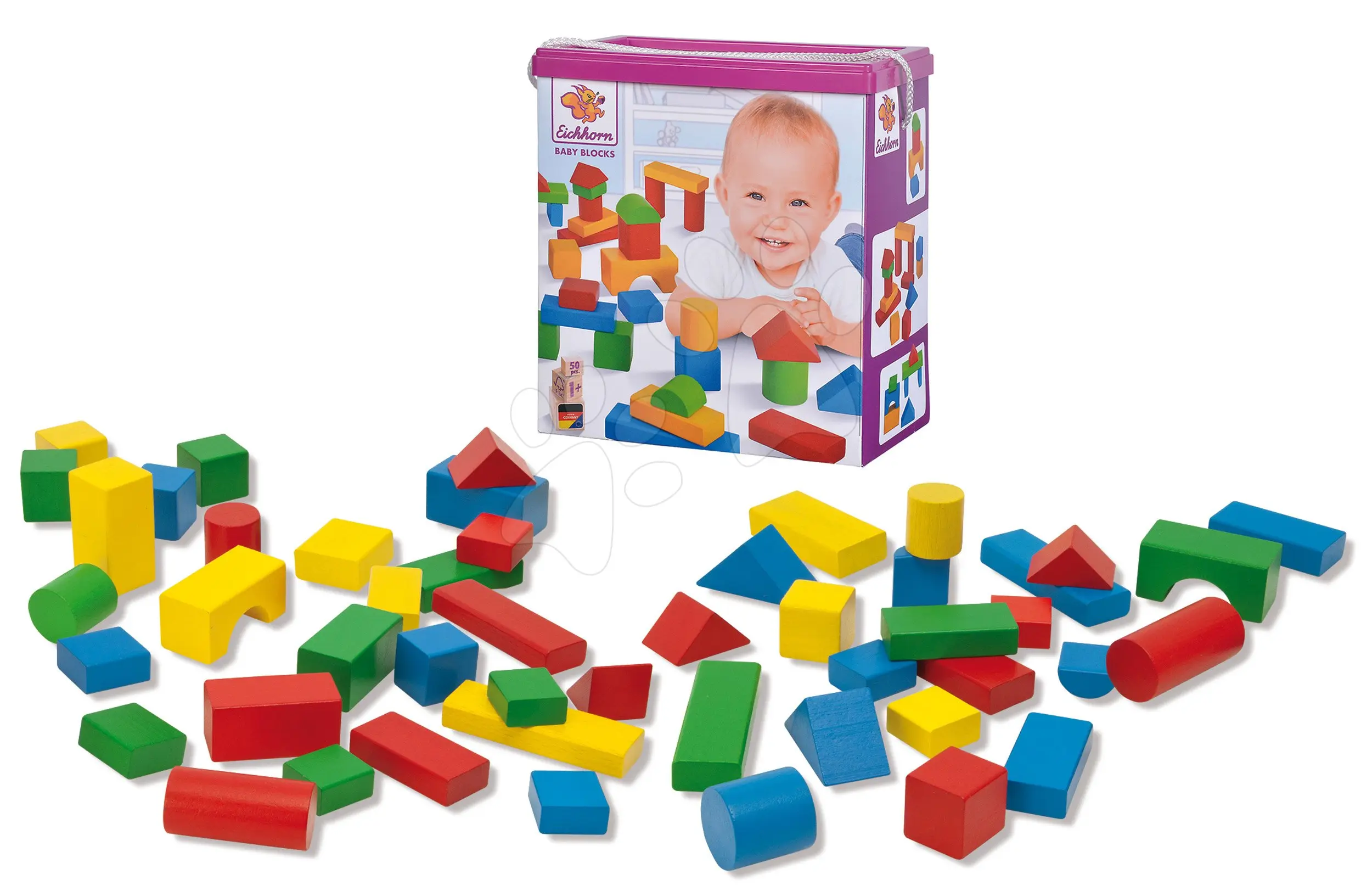 Dřevěné kostky barevné Coloured Wooden Blocks XL Baby Eichhorn extra velké 50 kusů velikost 40 mm od 12 měsíců