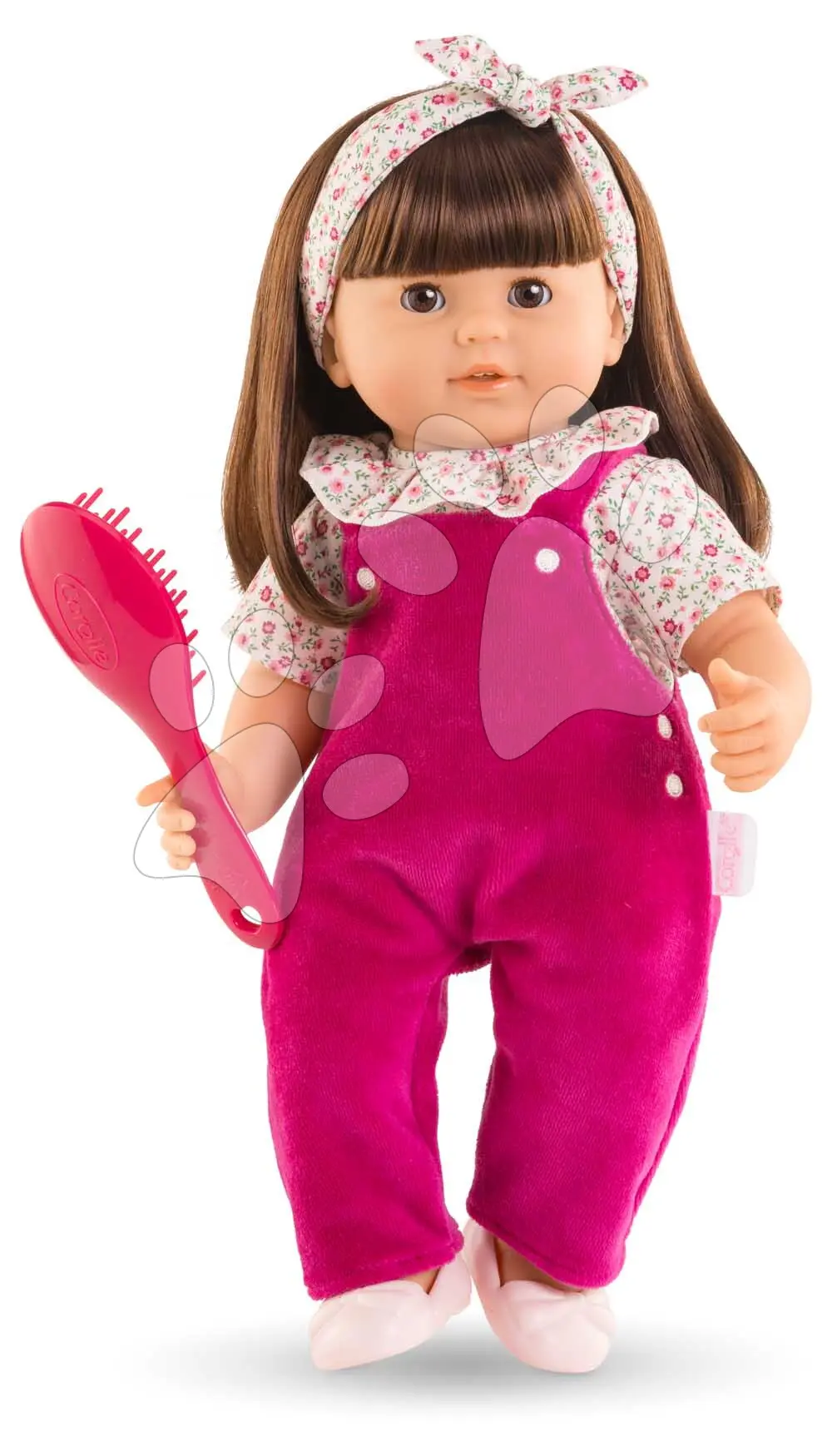 Panenka Julie Pink Grenadine Mon Grand Poupon Corolle s hnědýma mrkacíma očima a dlouhé hnědé vlasy s hřebenem 36 cm
