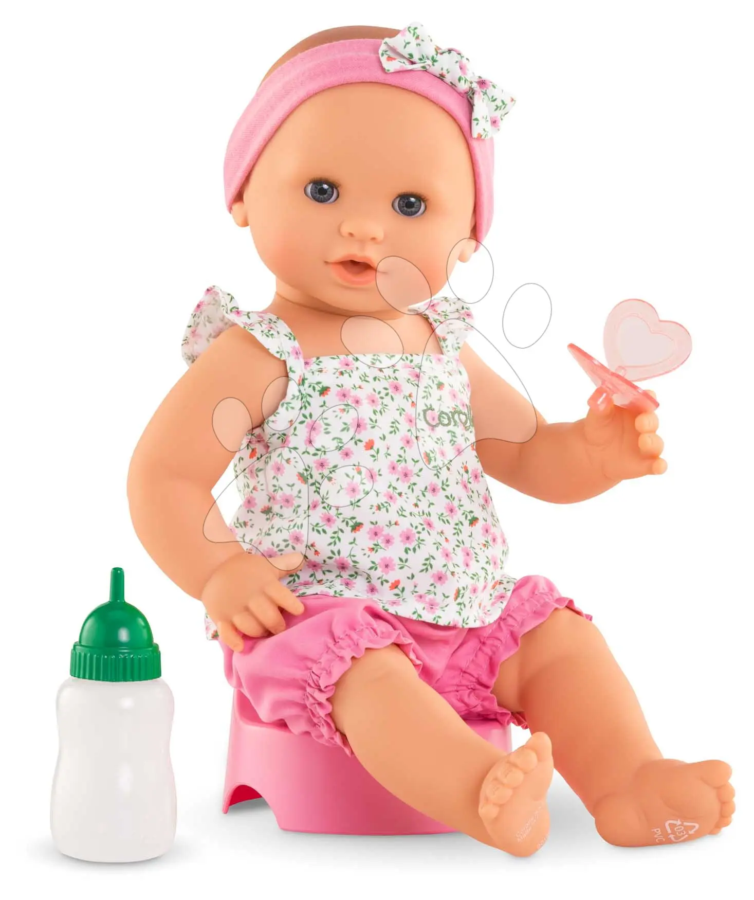 Panenka Emma pije a čurá Bath Baby Flowers Mon Grand Poupon Corolle s modrýma mrkacíma očima a 3 doplňky 36 cm od 24 měsíců